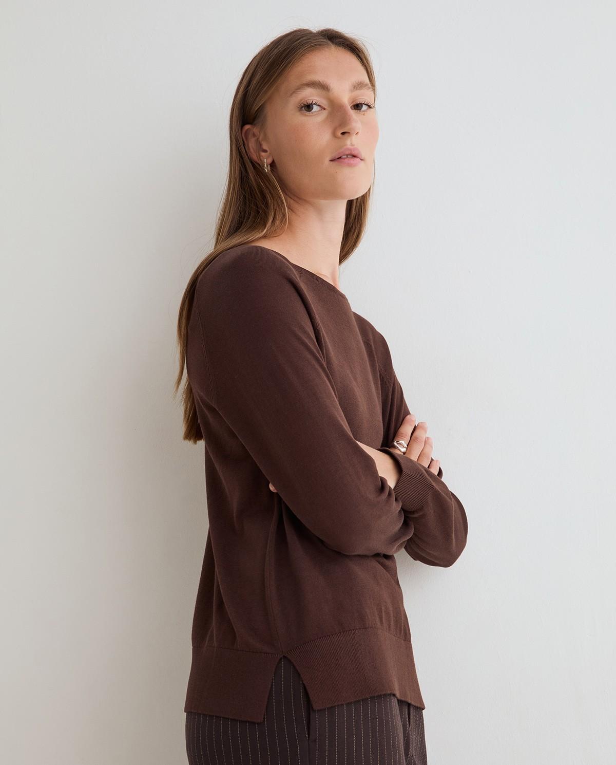Jersey de mujer de punto fino cuello redondo - Yerse - Marrón Marrón-3