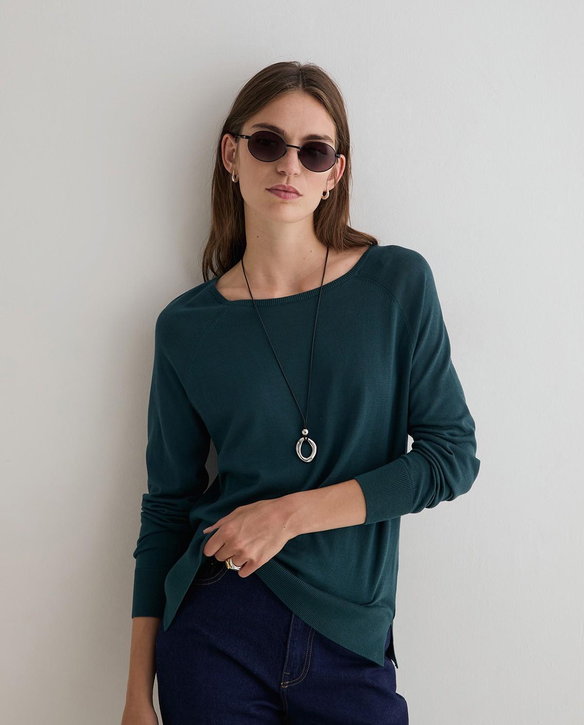 Jersey de mujer de punto fino cuello redondo - Yerse - Verde Verde-1