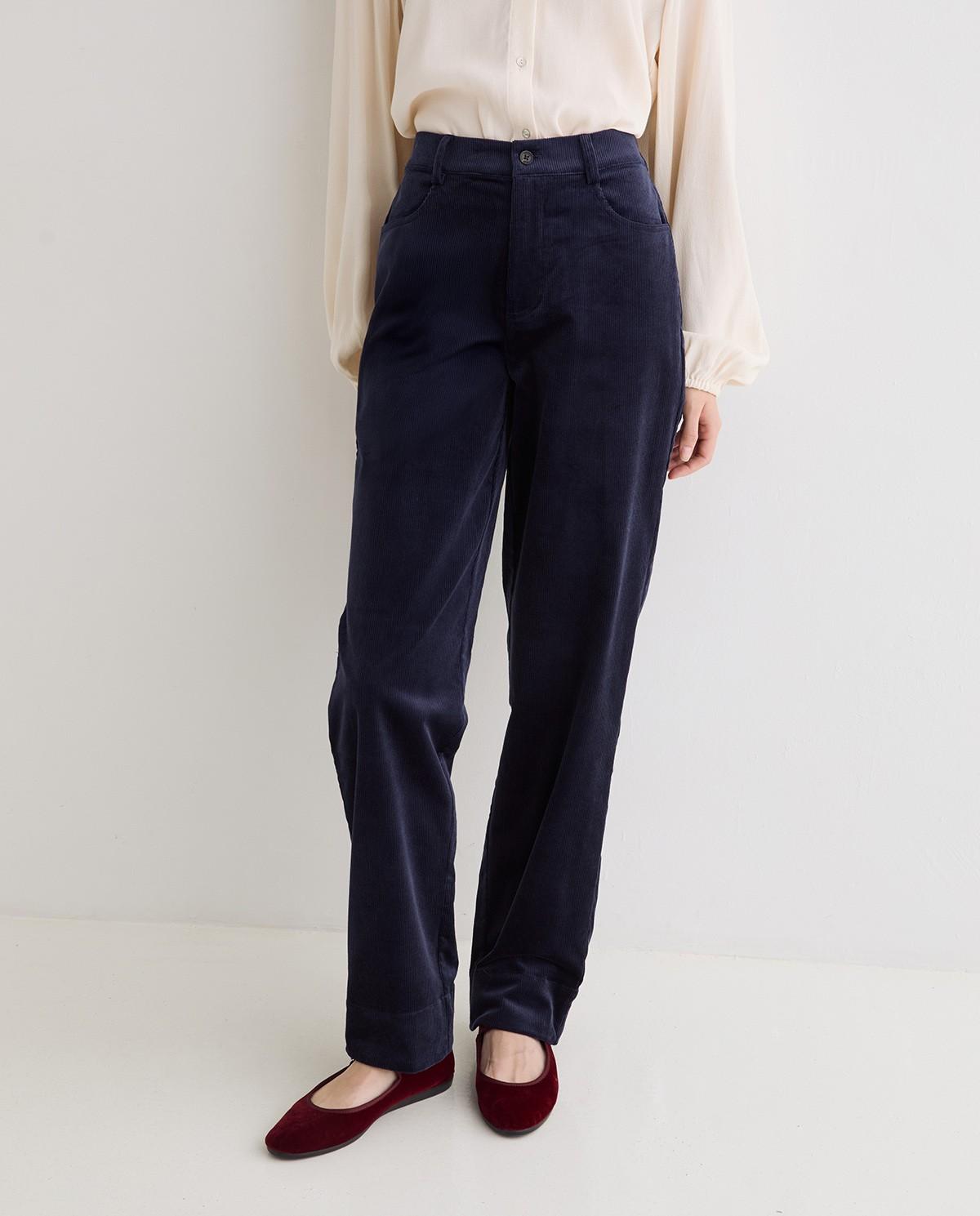 Pantalón de pana recto de mujer tiro medio - Yerse - Azul marino Azul marino-2