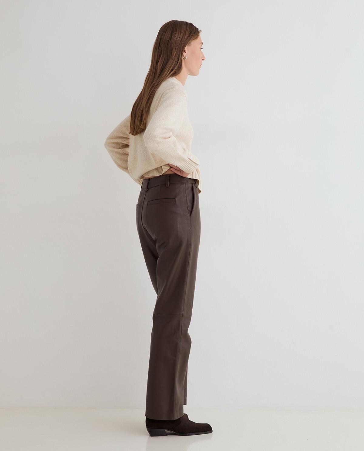 Pantalón recto de mujer piel - Yerse - Marrón Marrón-3