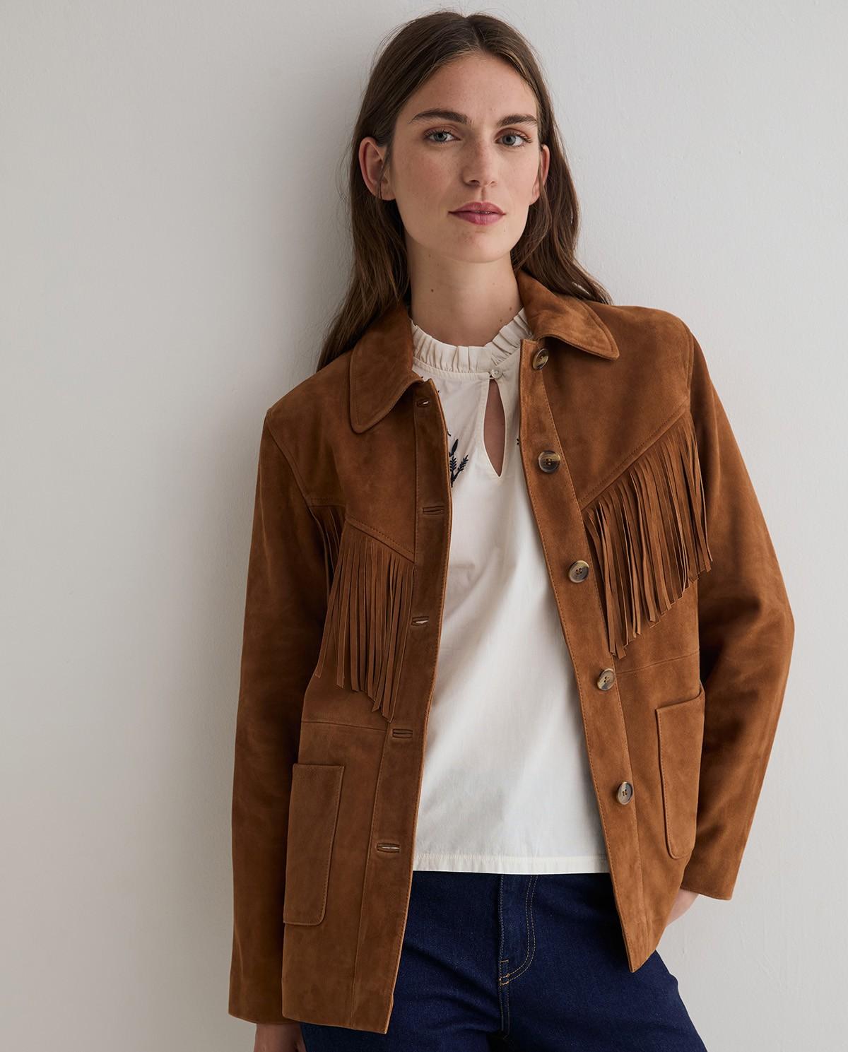 Chaqueta de mujer de piel con flecos - Yerse - Marrón Marrón-1