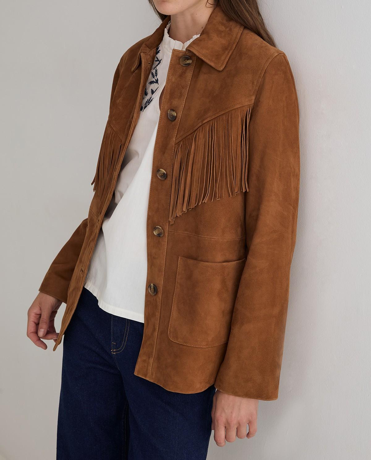 Chaqueta de mujer de piel con flecos - Yerse - Marrón Marrón-2