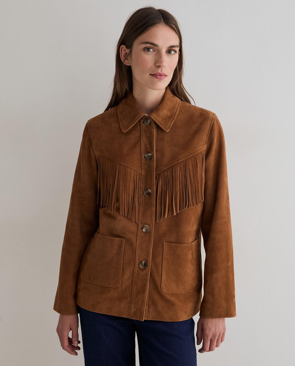Chaqueta de mujer de piel con flecos - Yerse - Marrón Marrón-3