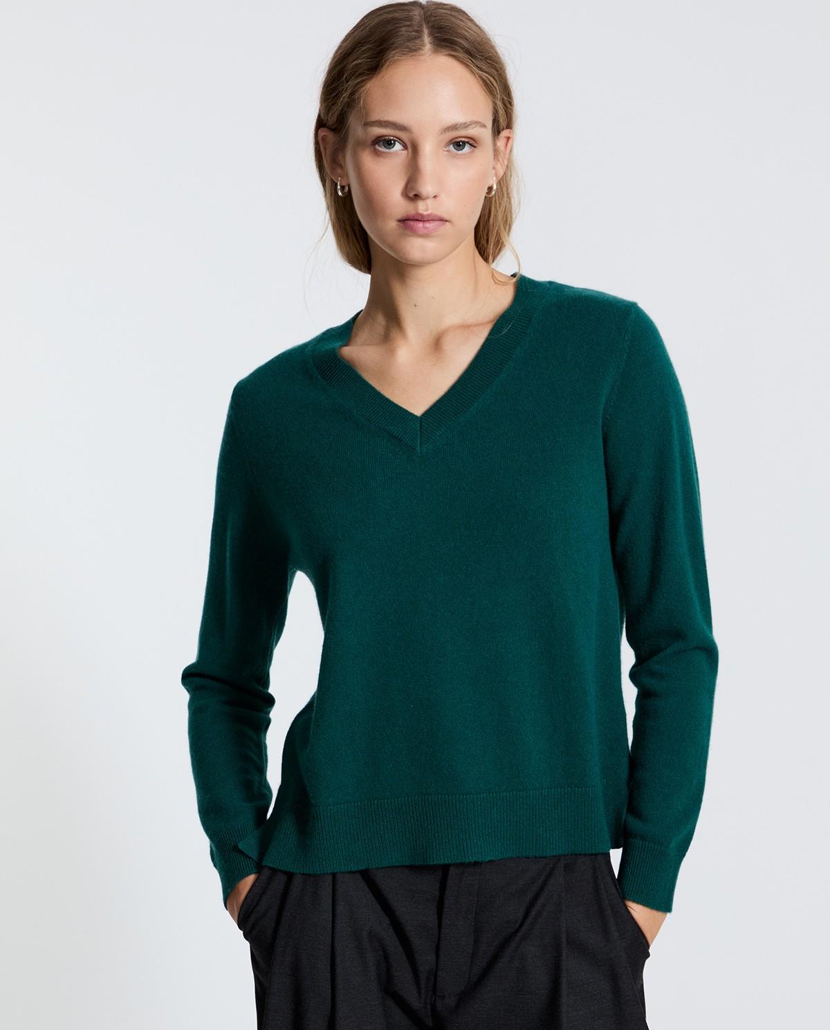 Jersey de mujer 100% cashmere con escote pico - Yerse - Verde Verde-1