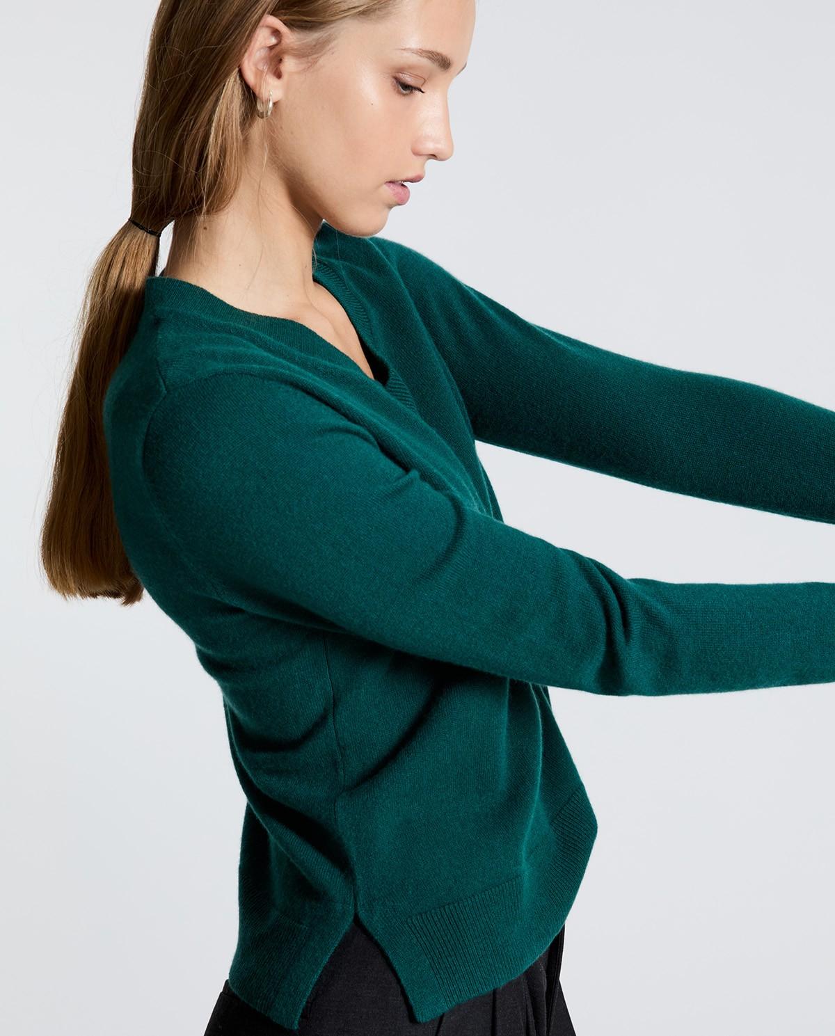 Jersey de mujer 100% cashmere con escote pico - Yerse - Verde Verde-2