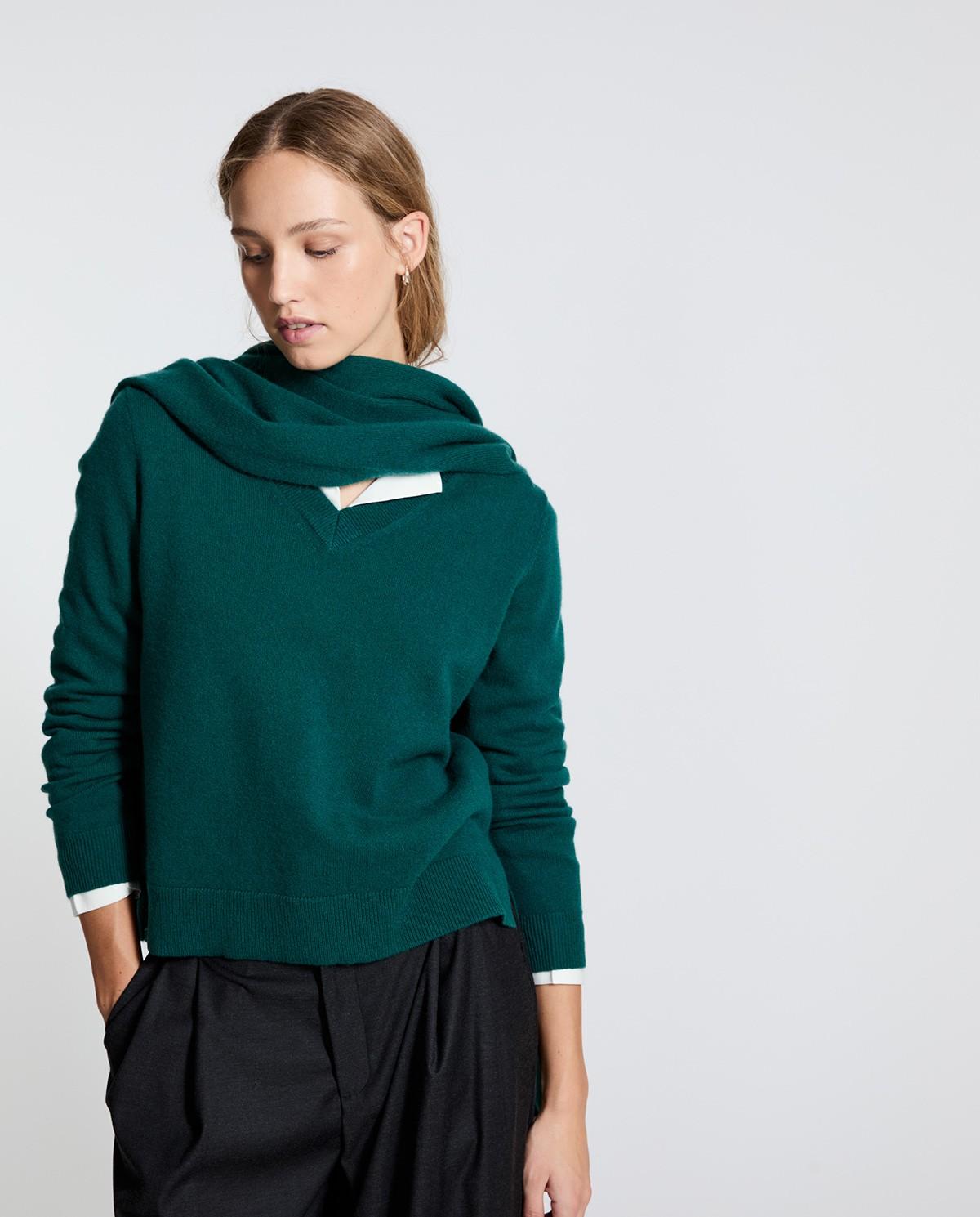 Jersey de mujer 100% cashmere con escote pico - Yerse - Verde Verde-4
