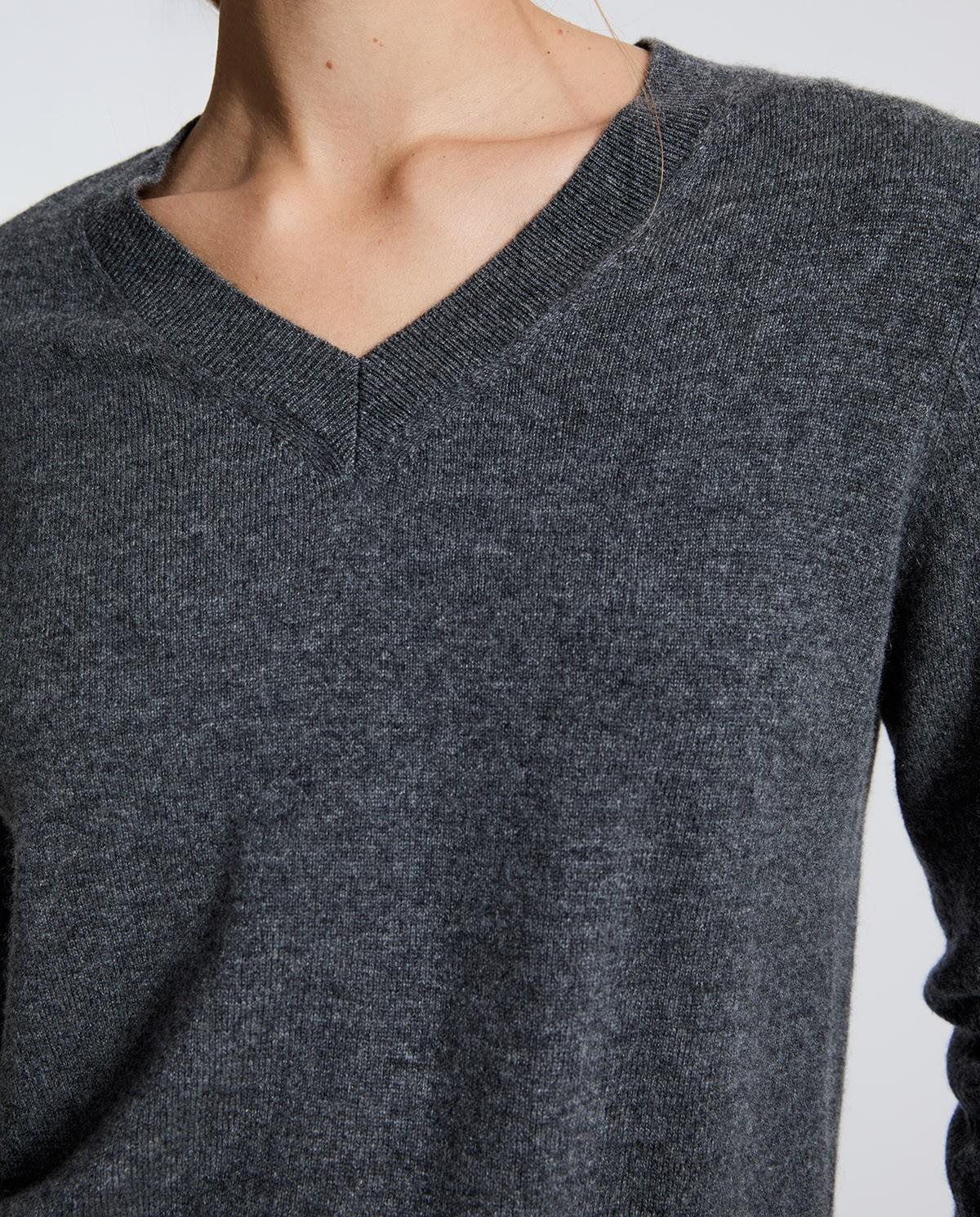 Jersey de mujer 100% cashmere con escote pico - Yerse - Gris Gris-2