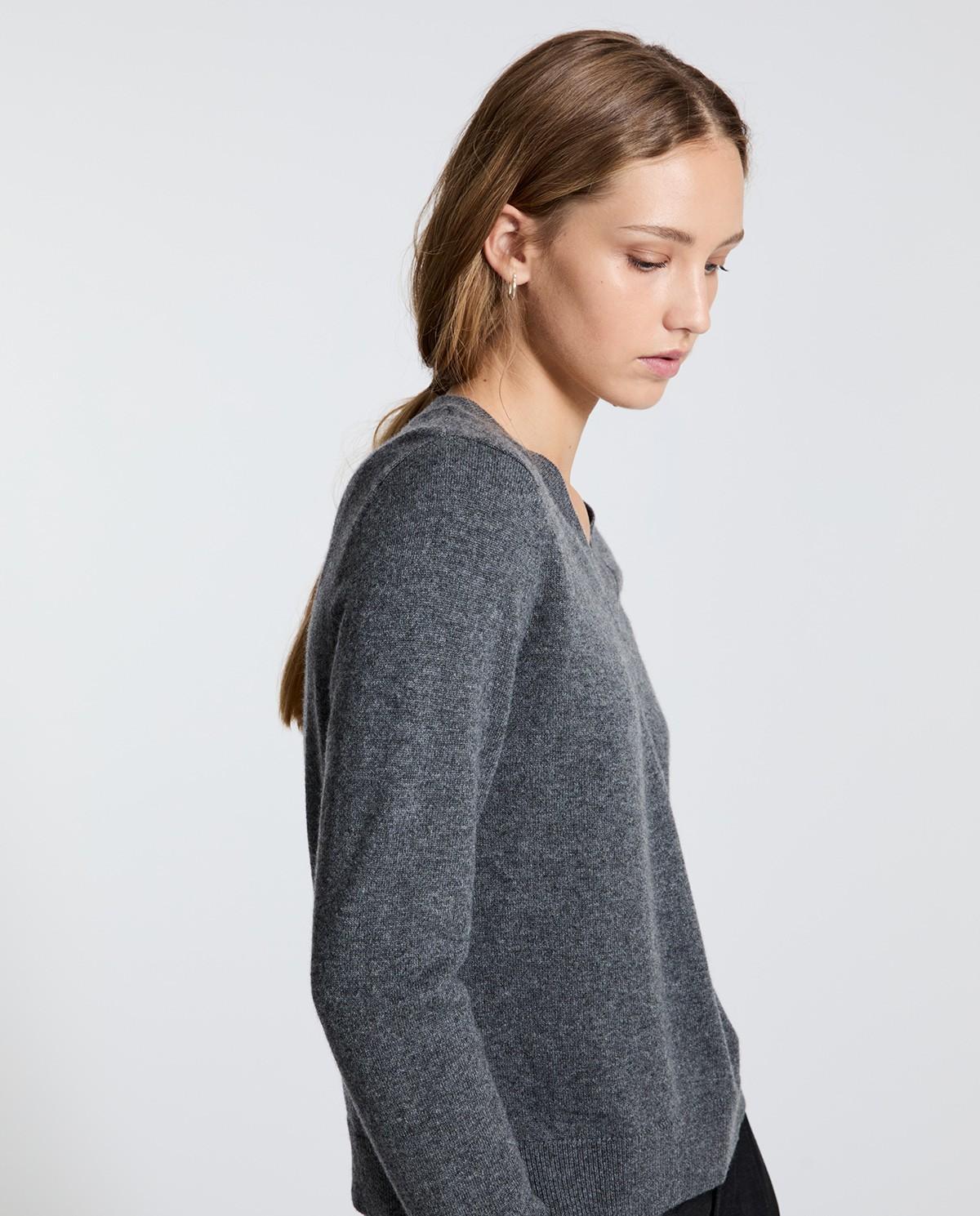 Jersey de mujer 100% cashmere con escote pico - Yerse - Gris Gris-3