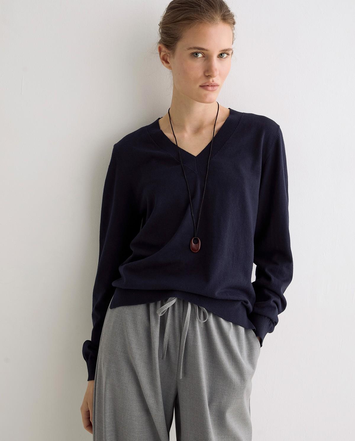 Jersey de mujer de punto fino con cuello pico - Yerse - Azul oscuro Azul oscuro-1
