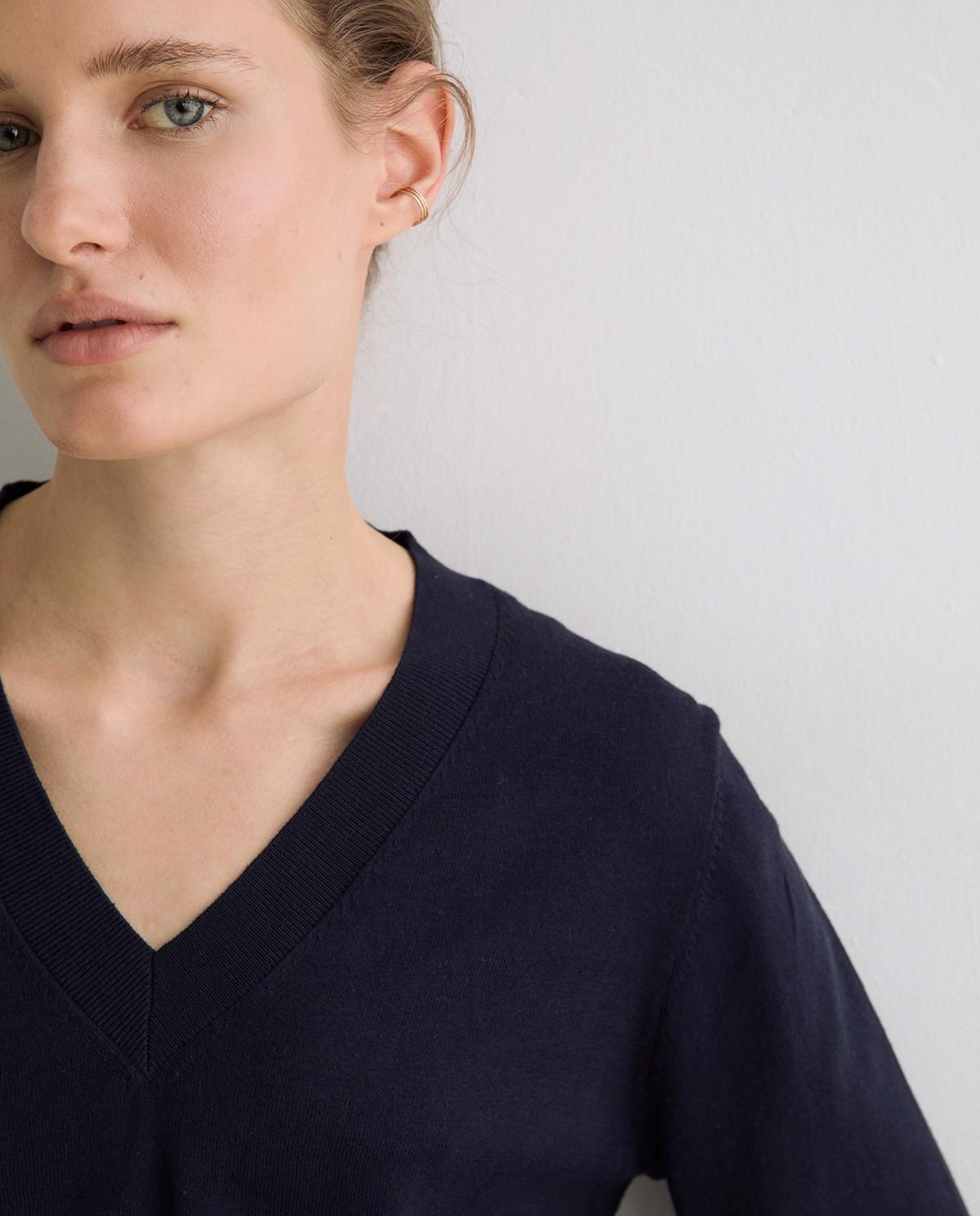 Jersey de mujer de punto fino con cuello pico - Yerse - Azul oscuro Azul oscuro-2