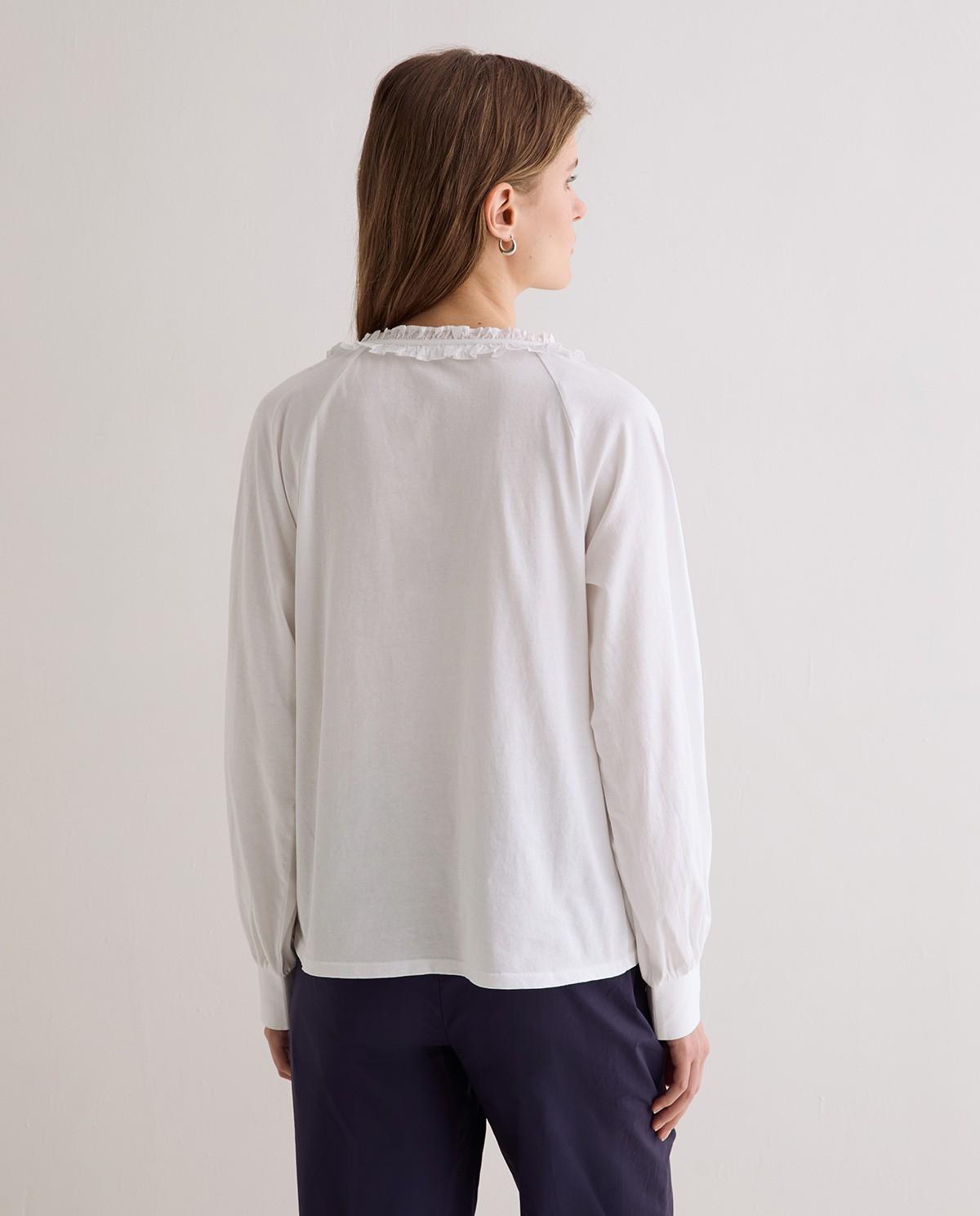 Camisa de mujer de manga larga con escote pico y detalle de volante en el cuello - Yerse - Blanco Blanco-3