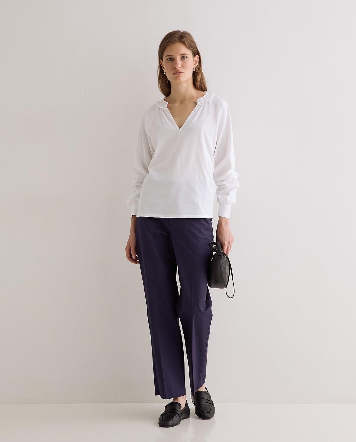 Camisa de mujer de manga larga con escote pico y detalle de volante en el cuello - Yerse - Blanco Blanco-4