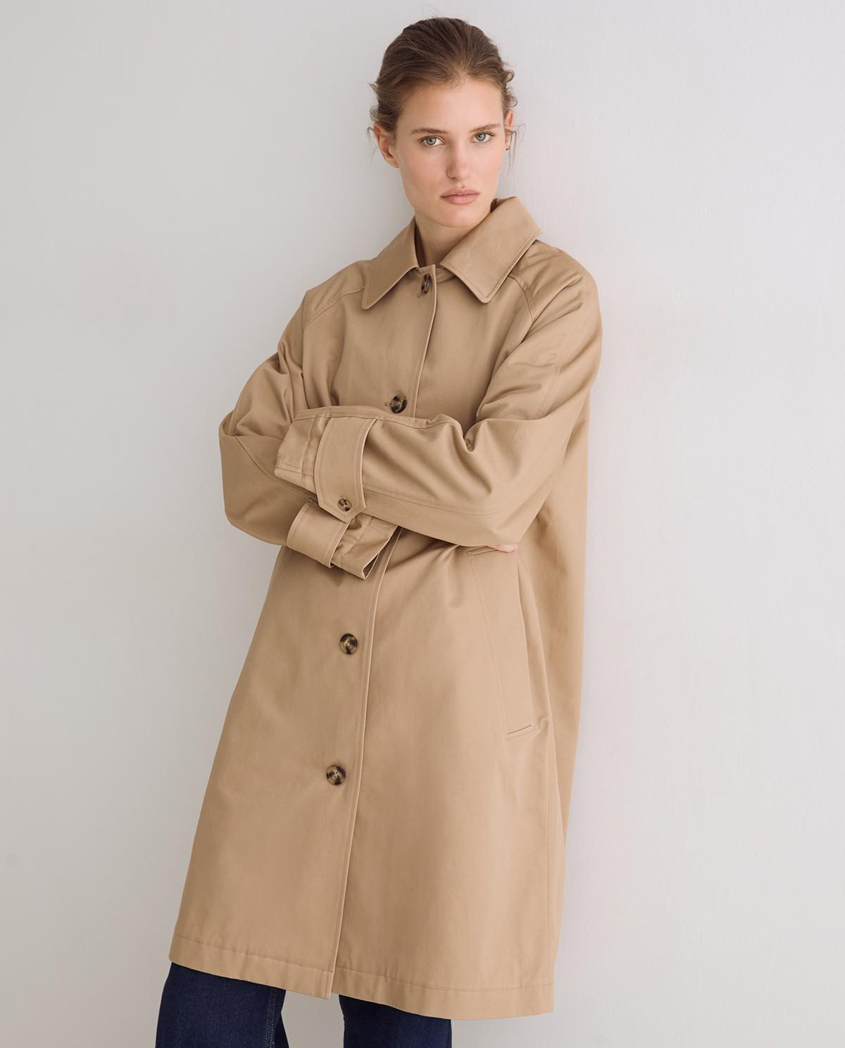 Gabardina de mujer midi de algodón con cuello camisero - Yerse - Marrón Marrón-2