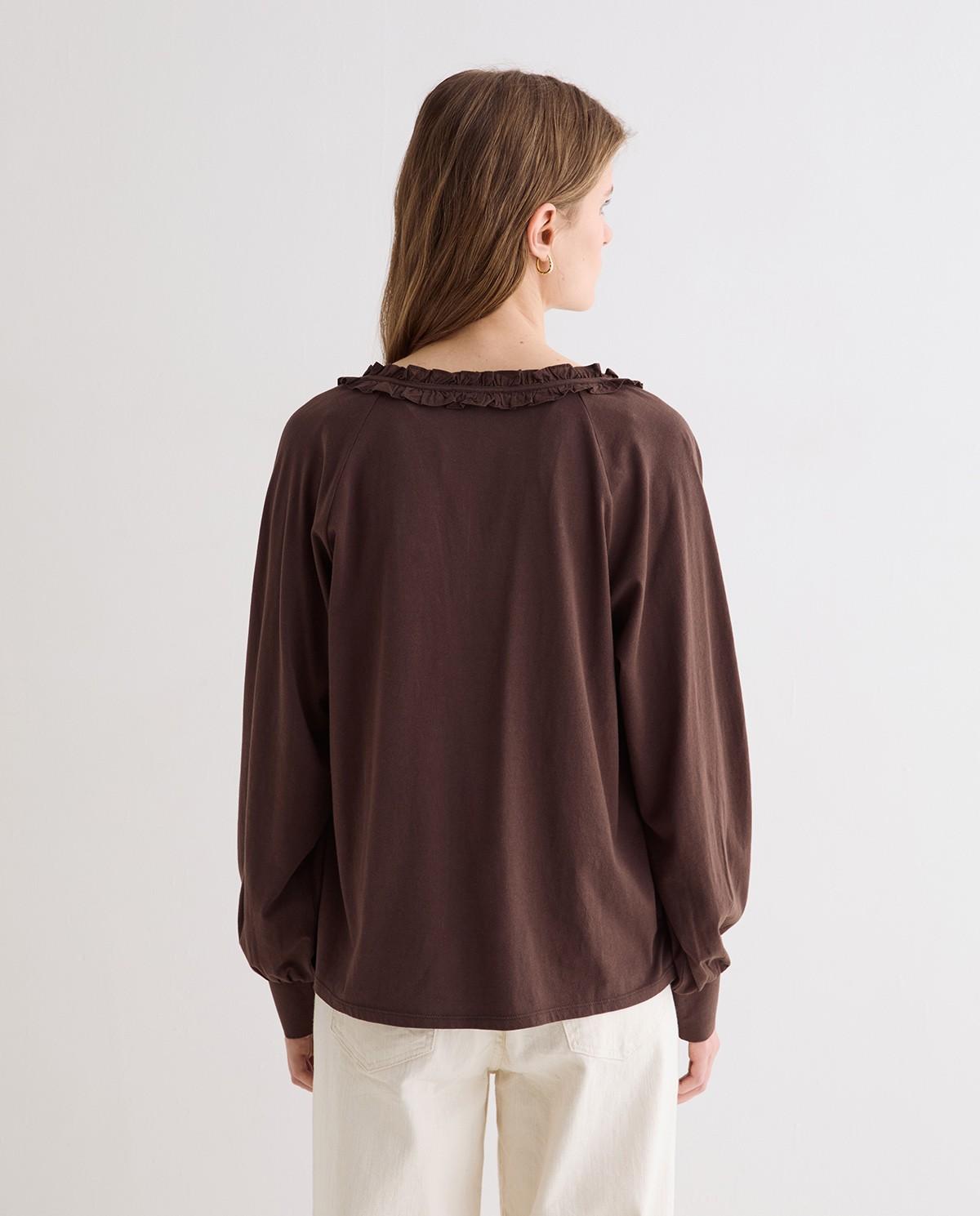 Camisa de mujer de manga larga con escote pico y detalle de volante en el cuello - Yerse - Marrón chocolate Marrón chocolate-4
