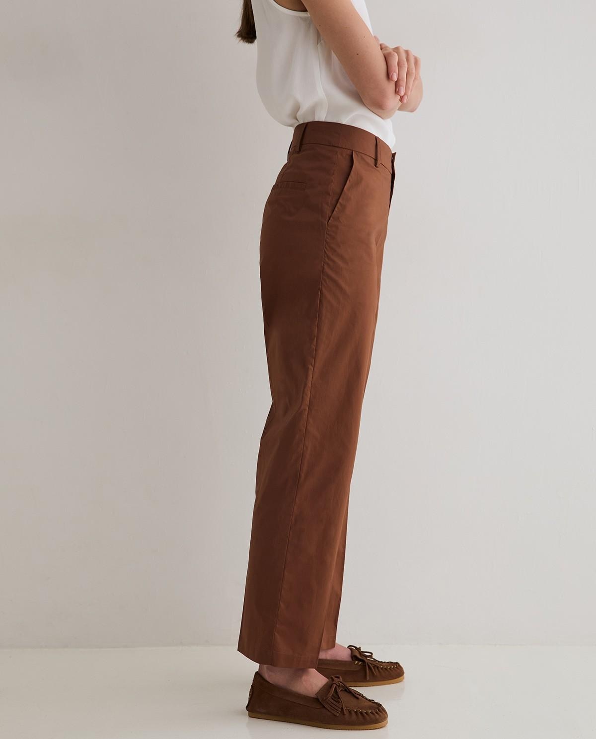Pantalón de mujer recto confeccionado en popelín de algodón - Yerse - Marrón chocolate Marrón chocolate-2