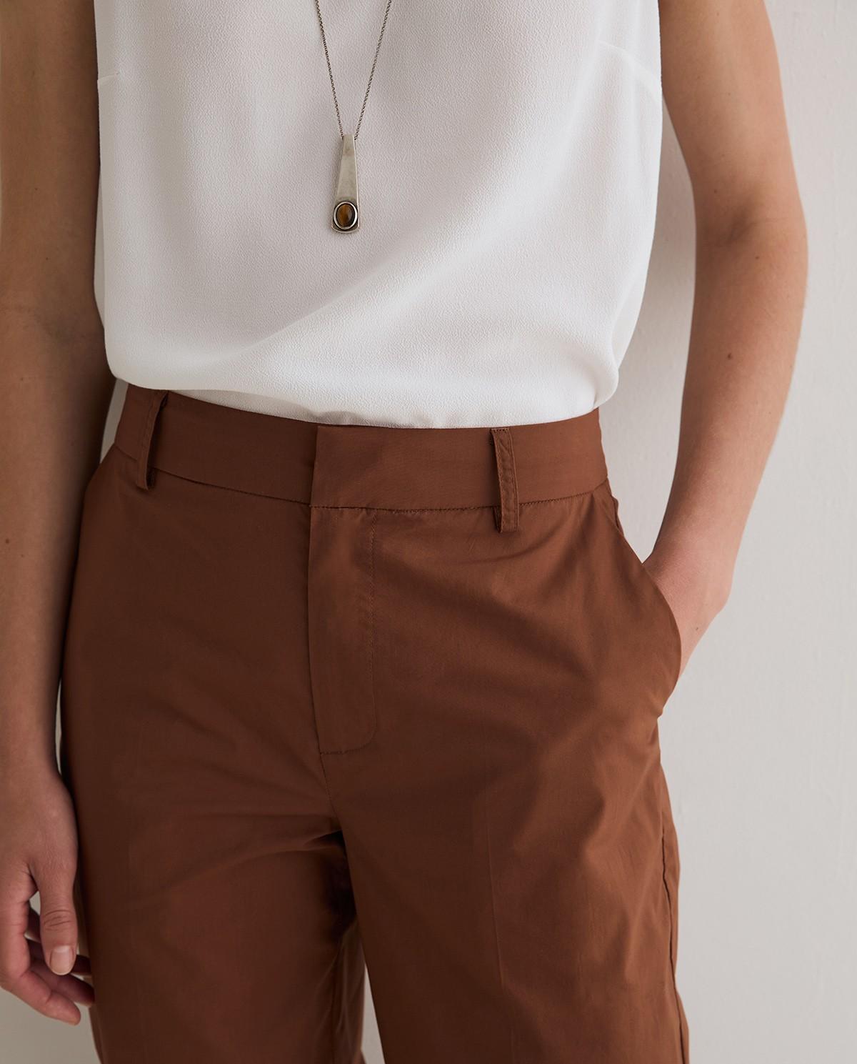 Pantalón de mujer recto confeccionado en popelín de algodón - Yerse - Marrón chocolate Marrón chocolate-3