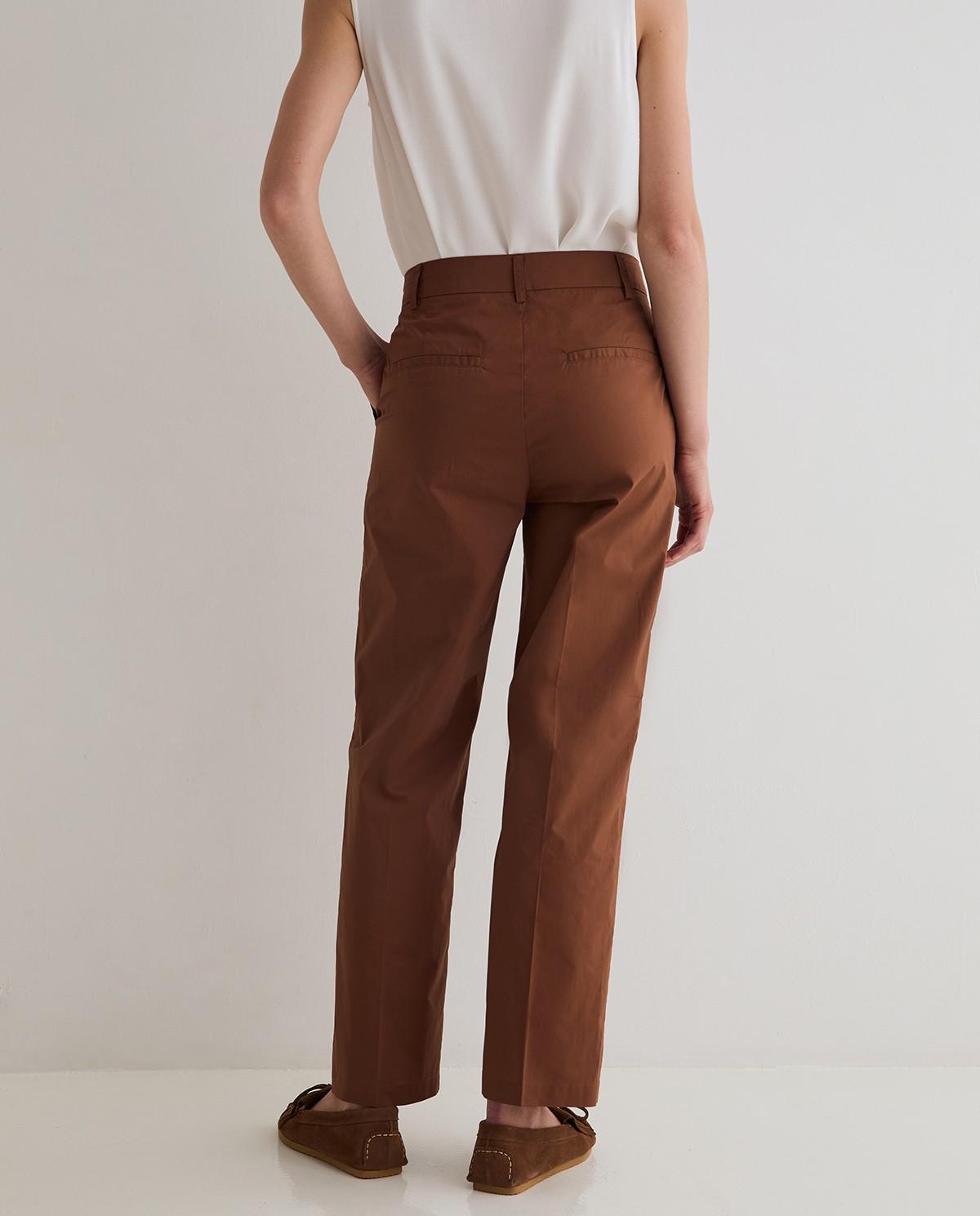 Pantalón de mujer recto confeccionado en popelín de algodón - Yerse - Marrón chocolate Marrón chocolate-4