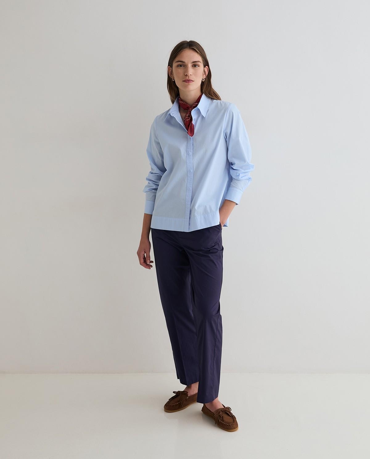 Pantalón de mujer recto confeccionado en popelín de algodón - Yerse - Azul oscuro Azul oscuro-1