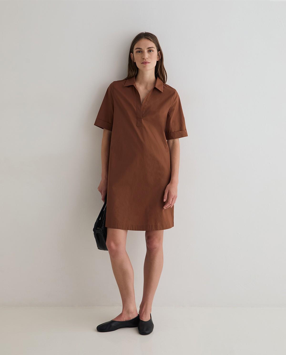 Vestido midi camisero popelin - Yerse - Marrón Marrón-1