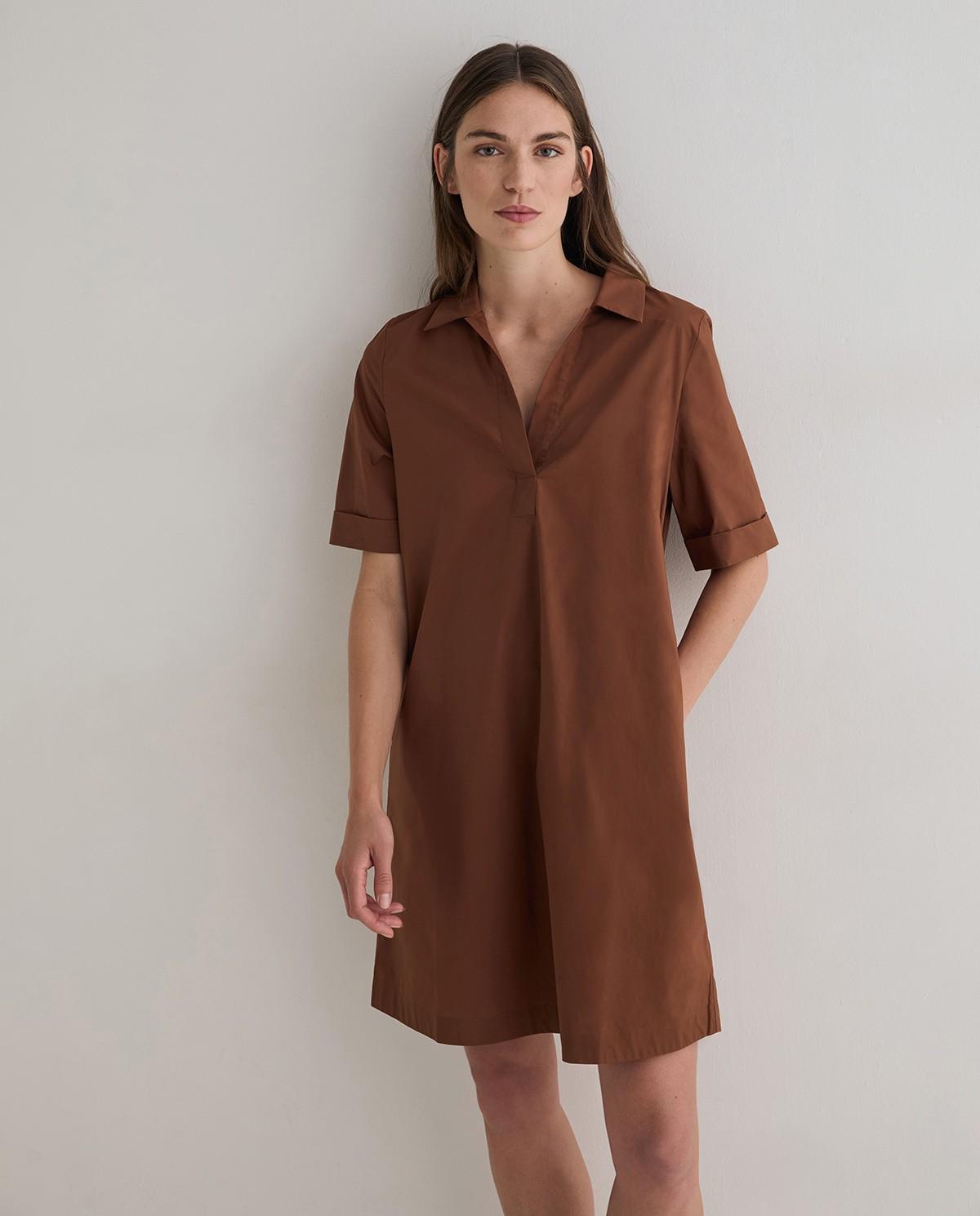 Vestido midi camisero popelin - Yerse - Marrón Marrón-2