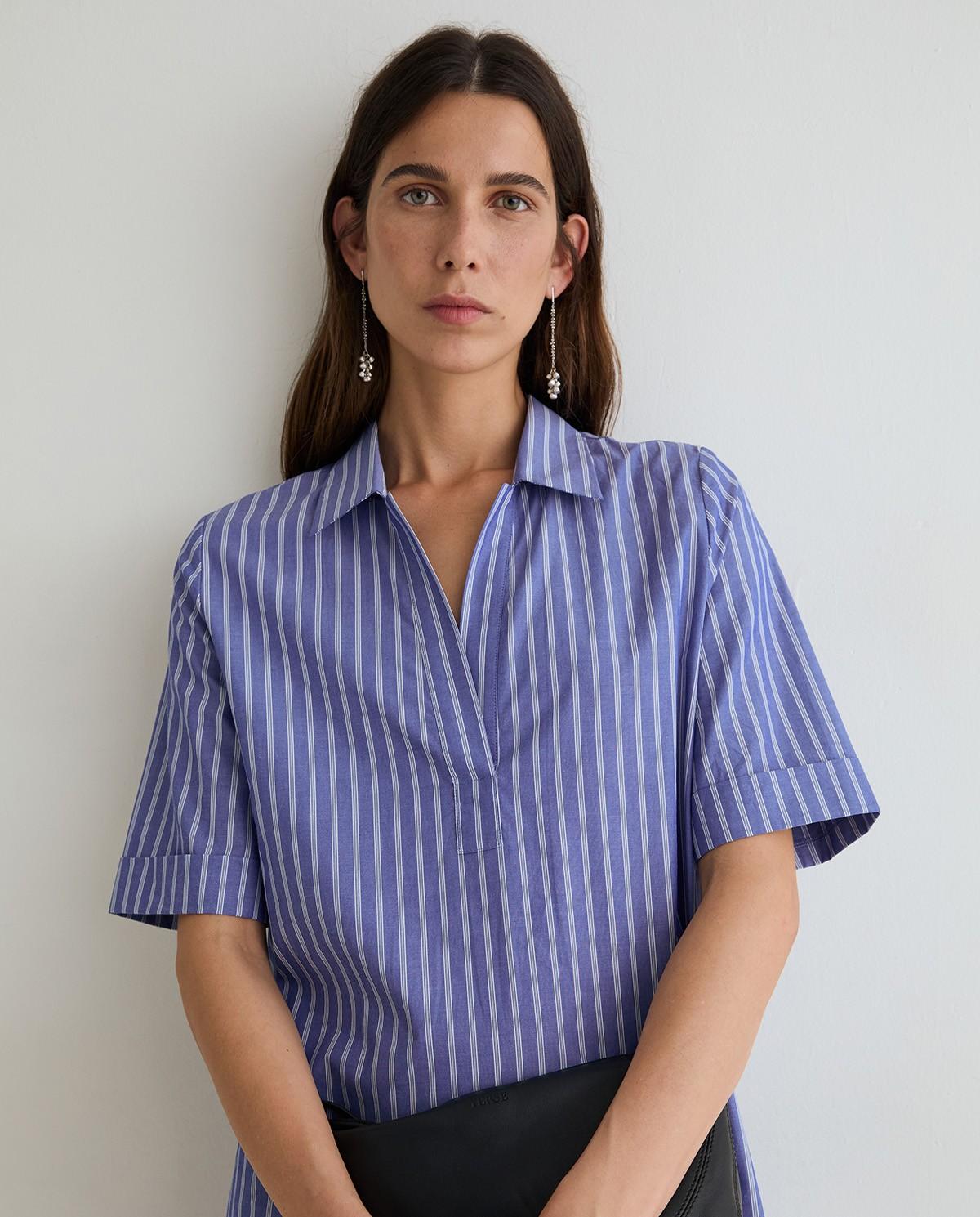 Vestido midi camisero popelin - Yerse - Azul / Blanco Azul / Blanco-3