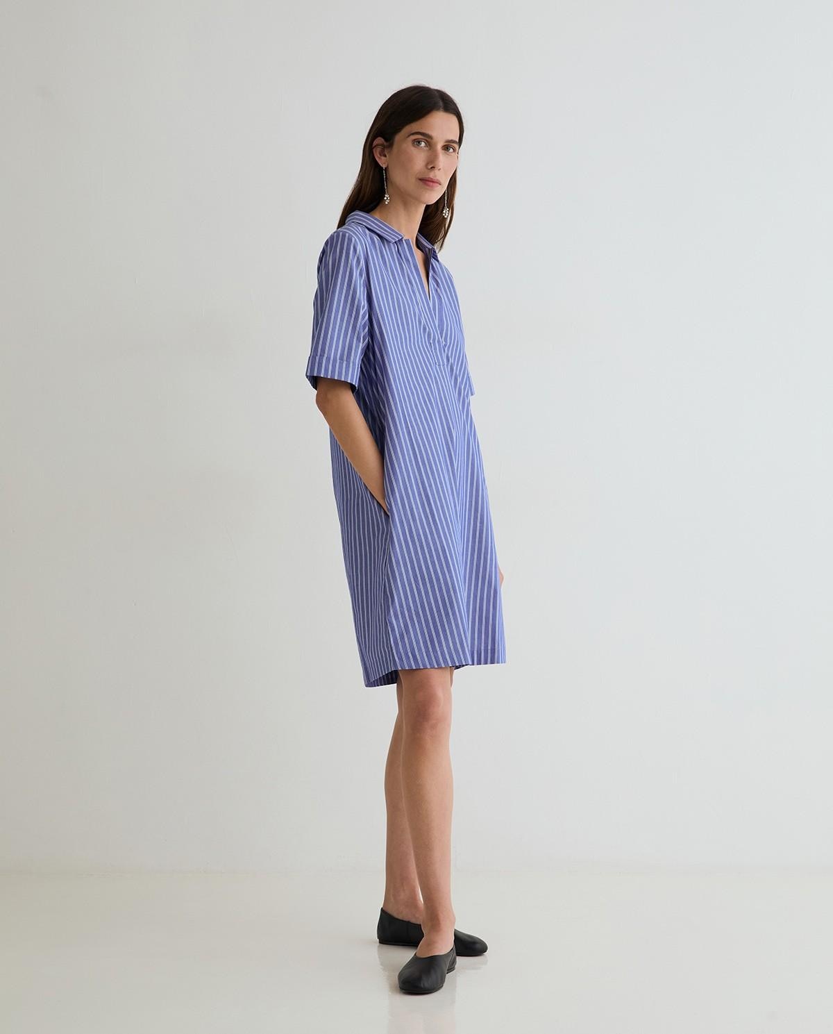 Vestido midi camisero popelin - Yerse - Azul / Blanco Azul / Blanco-4