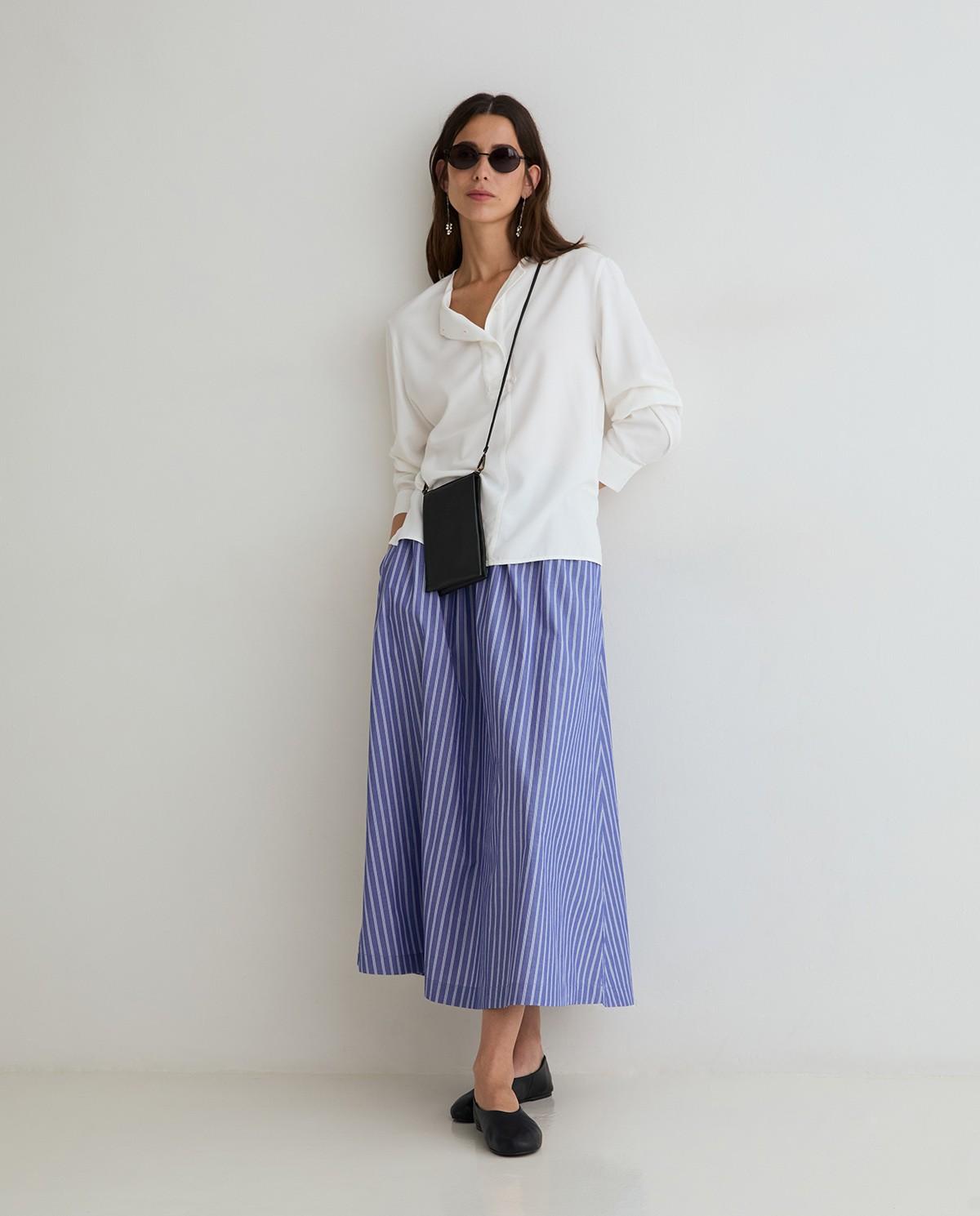 Falda larga confeccionada en popelín de algodón con estampado de rayas - Yerse - Azul / Blanco Azul / Blanco-1