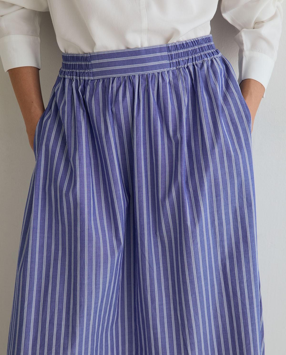 Falda larga confeccionada en popelín de algodón con estampado de rayas - Yerse - Azul / Blanco Azul / Blanco-2