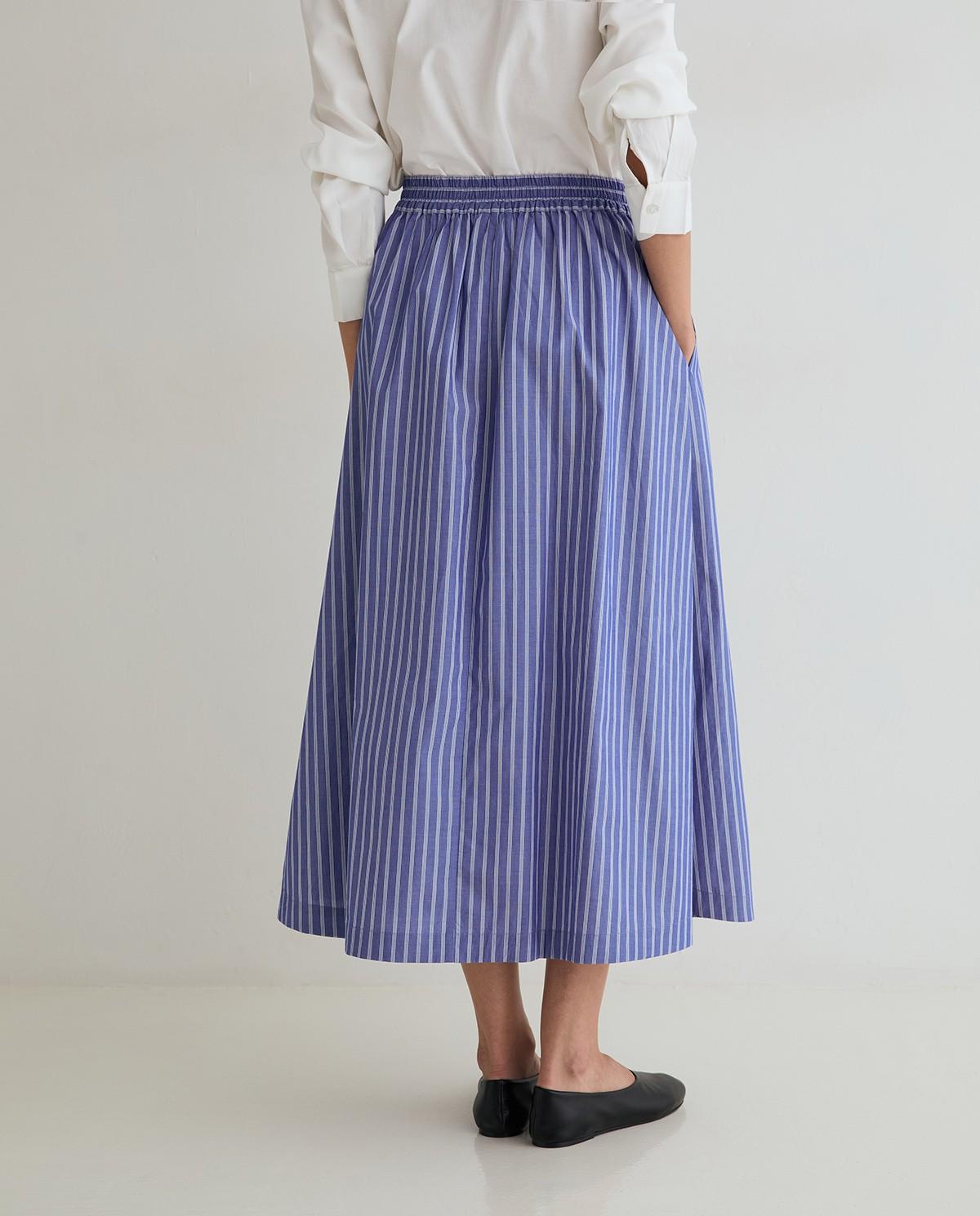 Falda larga confeccionada en popelín de algodón con estampado de rayas - Yerse - Azul / Blanco Azul / Blanco-5