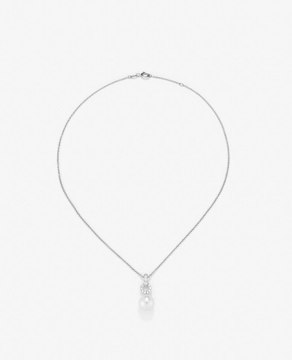 Colgante de cadena de oro blanco de 18k con aro en diamante y perla australiana de 9,5 mm Blanco-1
