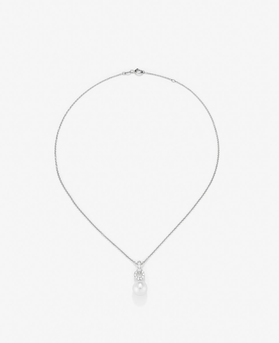 Colgante de cadena de oro blanco de 18k con aro en diamante y perla australiana de 9,5 mm Blanco-1
