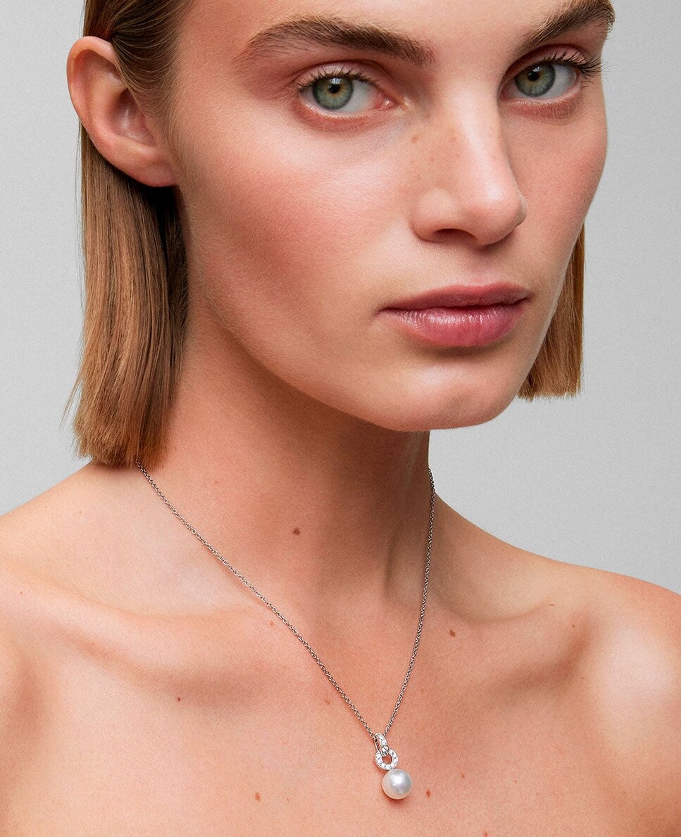Colgante de cadena de oro blanco de 18k con aro en diamante y perla australiana de 9,5 mm Blanco-2