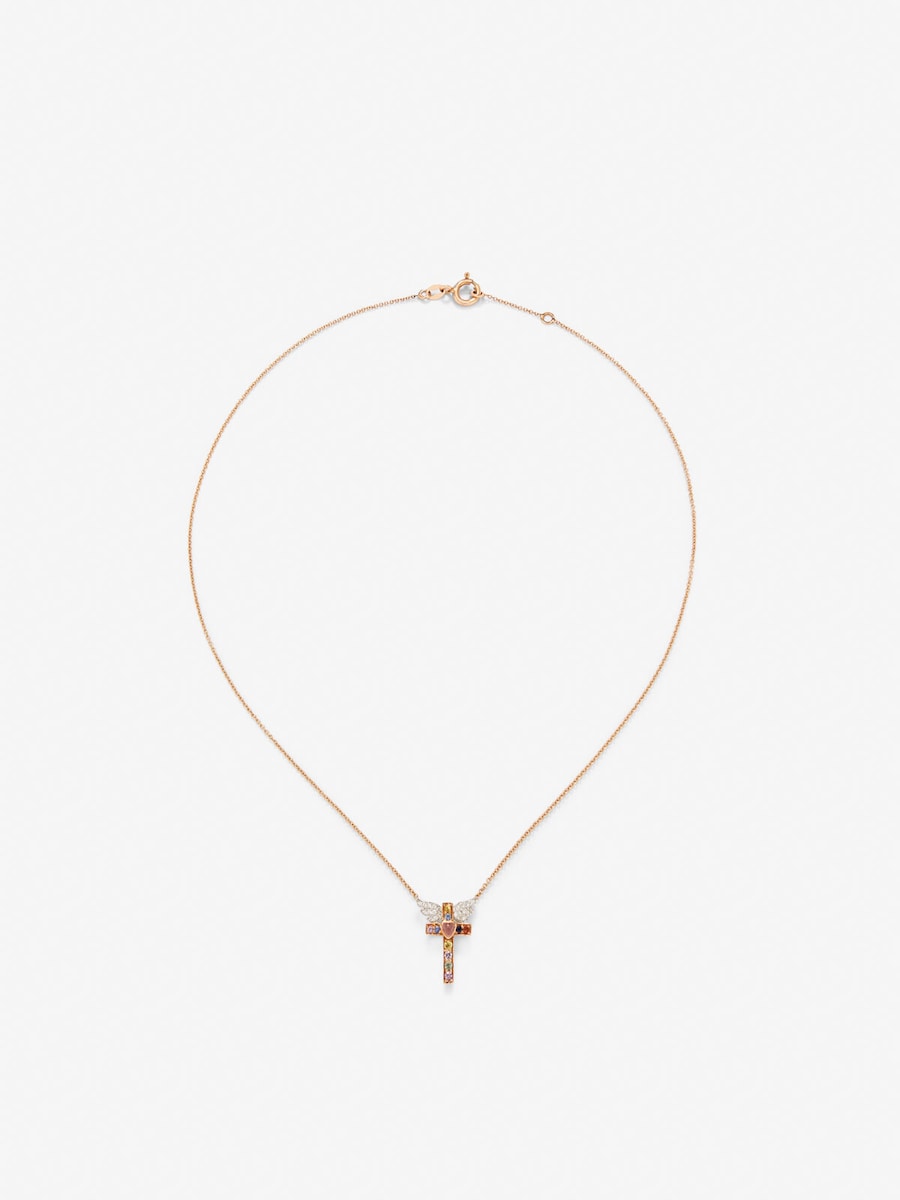 Colgante cadena cruz de oro rosa con zafiro y diamante Multicolor-1