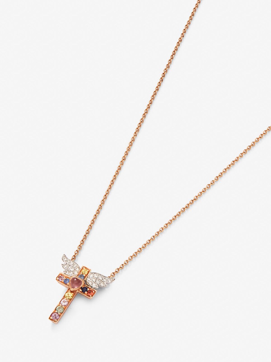 Colgante cadena cruz de oro rosa con zafiro y diamante Multicolor-3