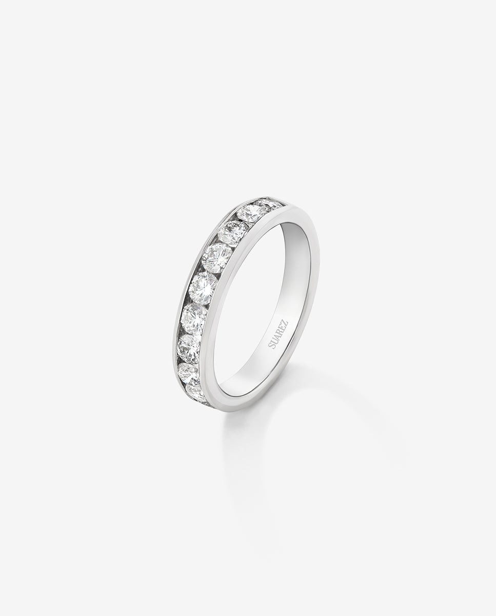 Anillo alianza media de compromiso de oro blanco de 18K con diamantes en banda - SUAREZ - Blanco Blanco-1