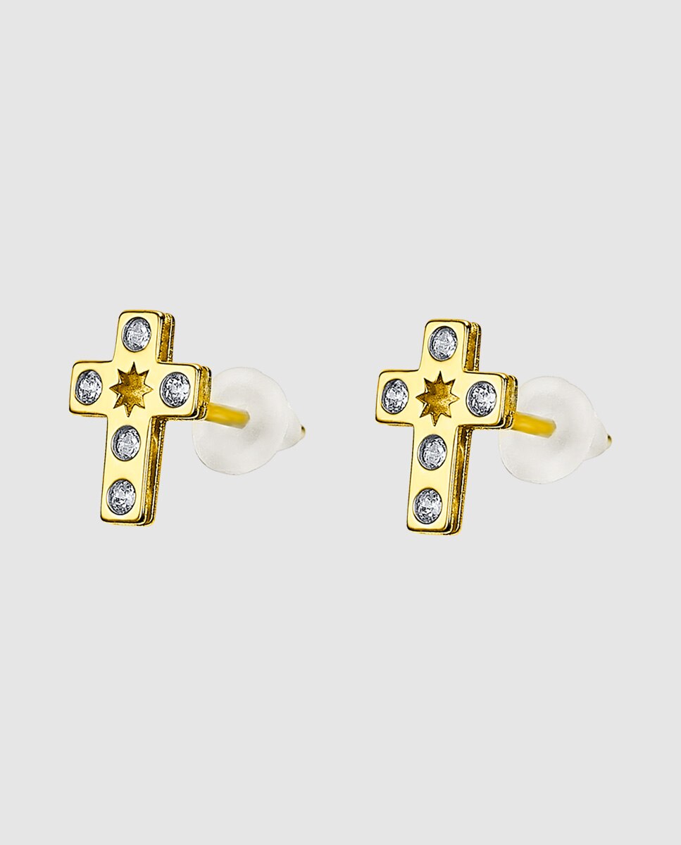 Imagen 0 de Pendientes basics de oro amarillo 9k acabado brillo con circonita y motivo cruz Blanco