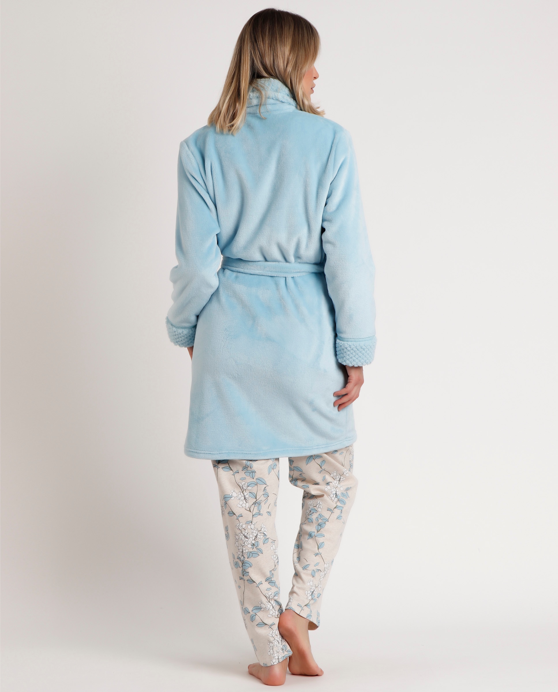 Bata de manga larga de mujer de tejido polar con cinturón - Admas - Azul Azul-3
