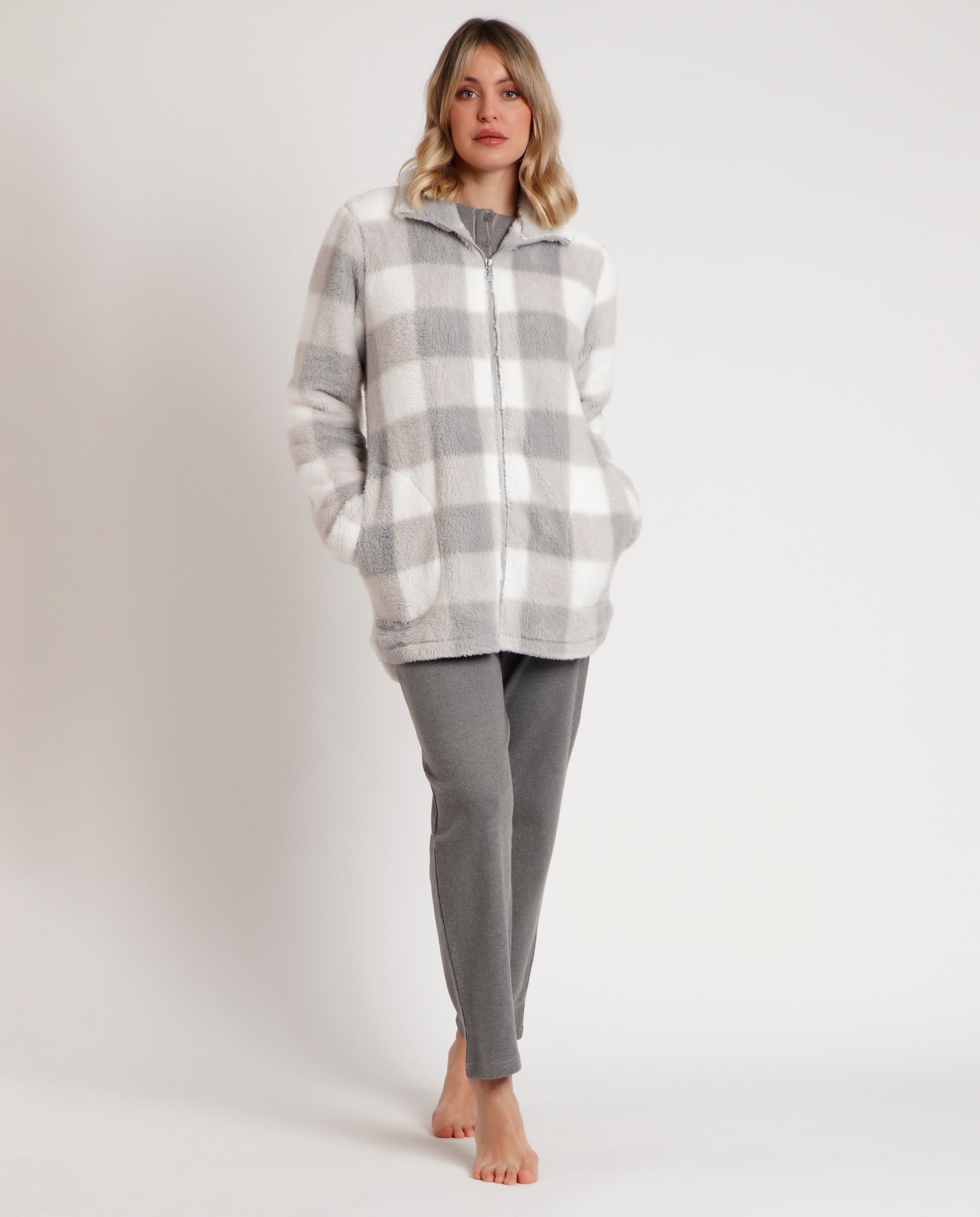 Bata de manga larga de mujer de tejido calentito con cremallera - Admas - Gris Gris-1