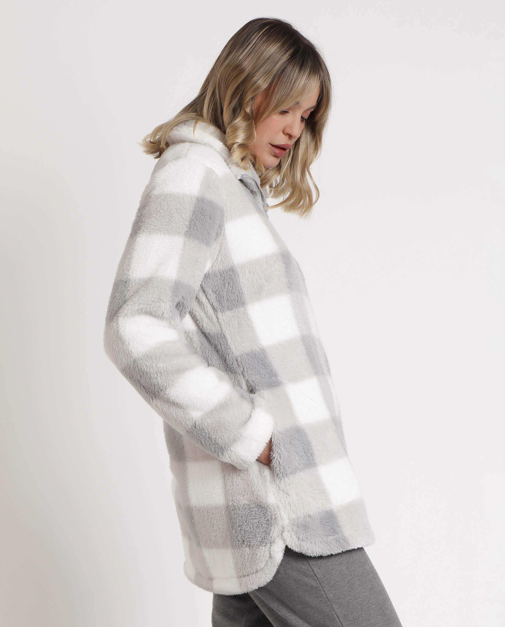 Bata de manga larga de mujer de tejido calentito con cremallera - Admas - Gris Gris-2