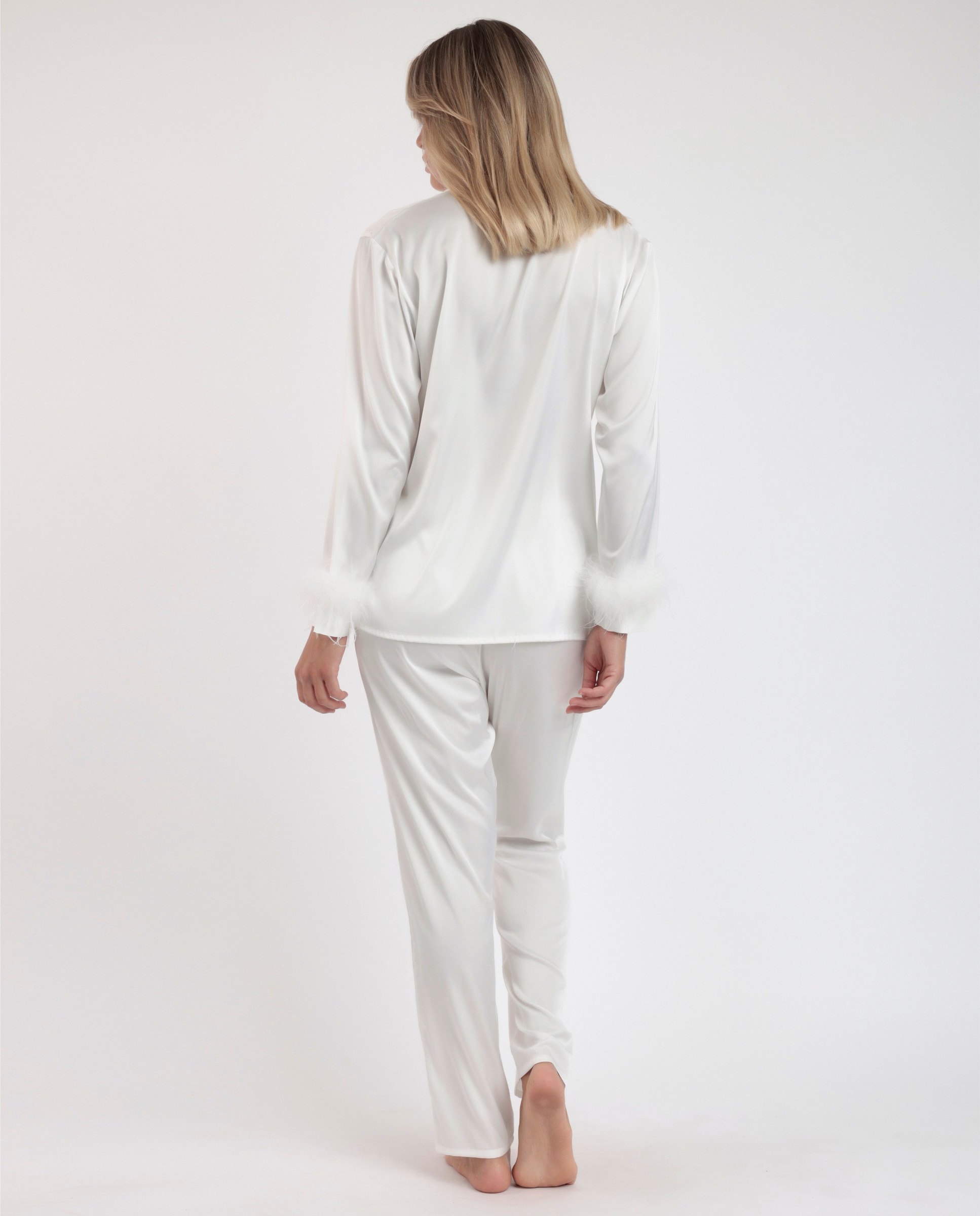 Pijama largo abierto de mujer de tela satén - Admas - Blanco Blanco-2