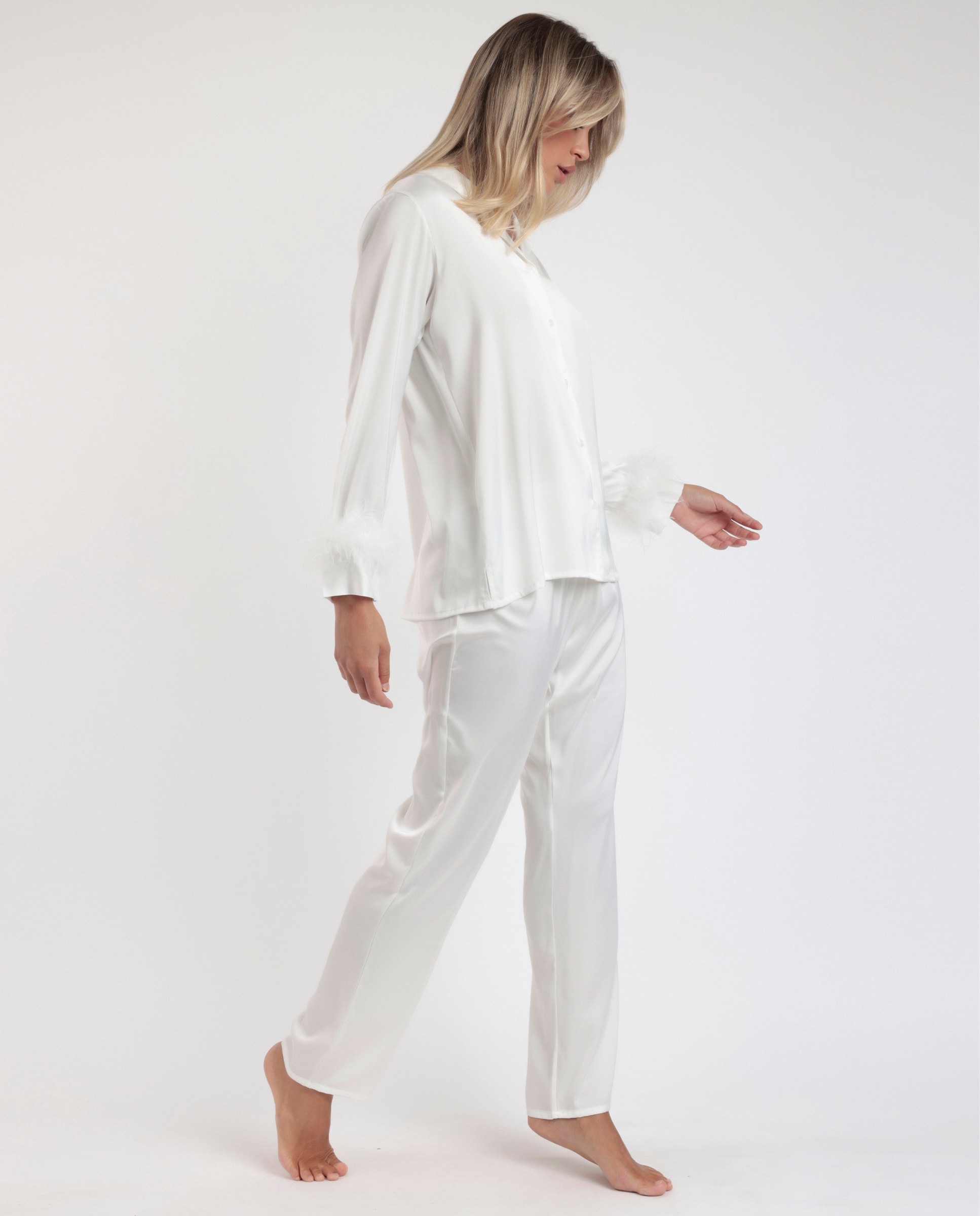 Pijama largo abierto de mujer de tela satén - Admas - Blanco Blanco-3