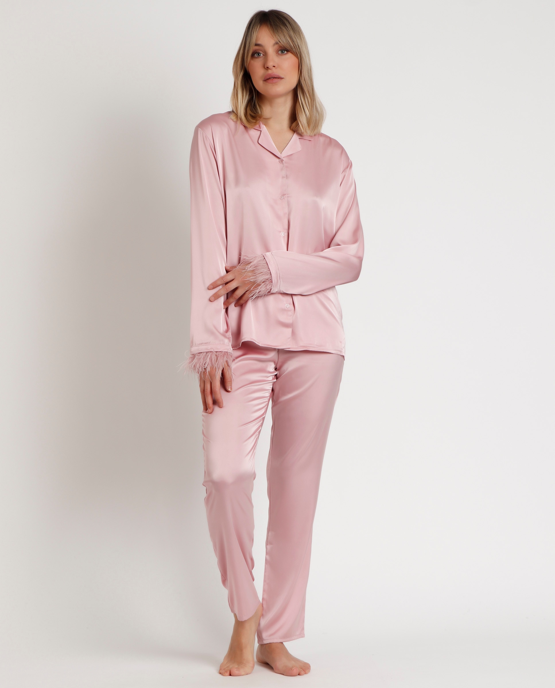 Pijama largo abierto de mujer de tela satén - Admas - Rosa Rosa-1