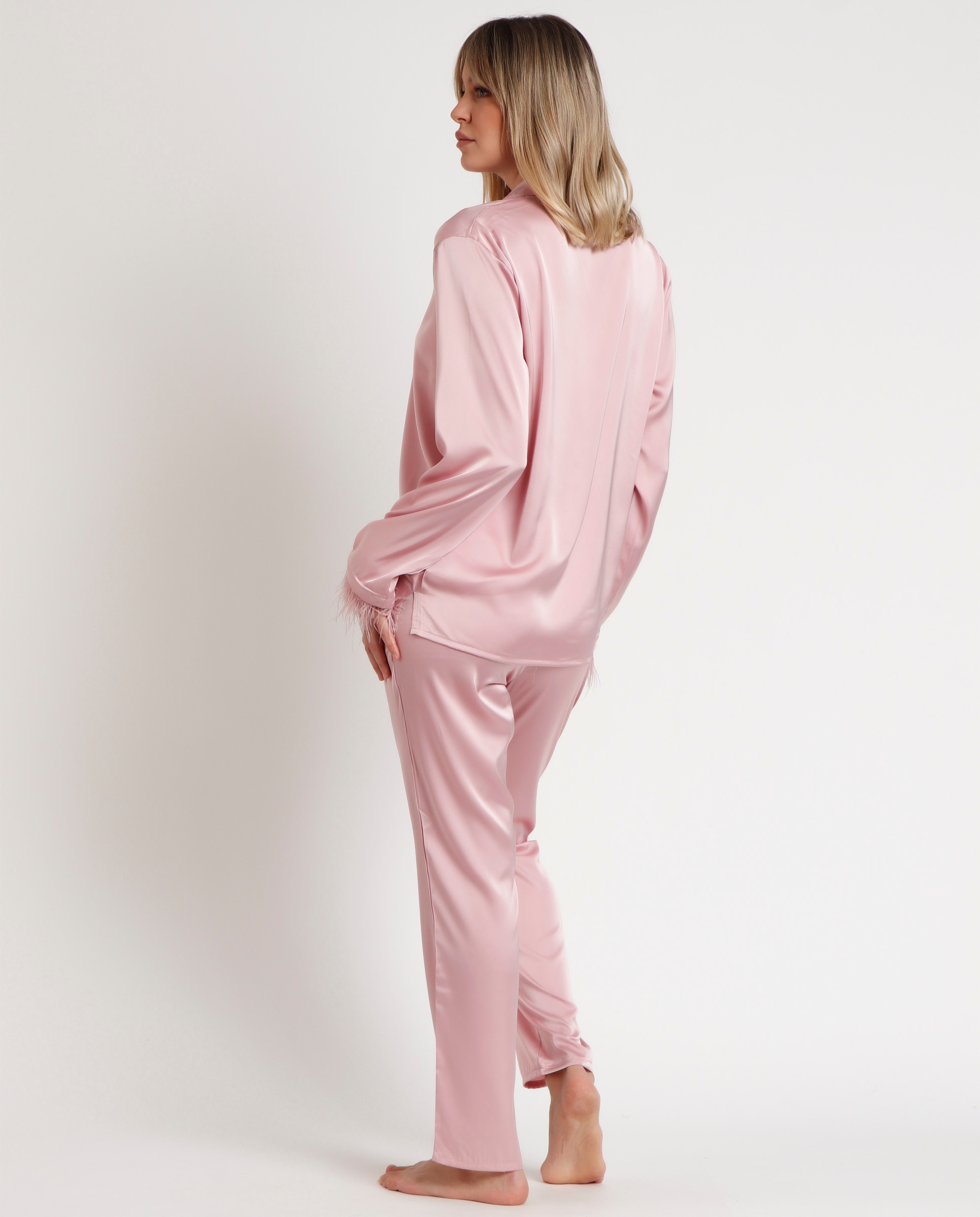 Pijama largo abierto de mujer de tela satén - Admas - Rosa Rosa-3