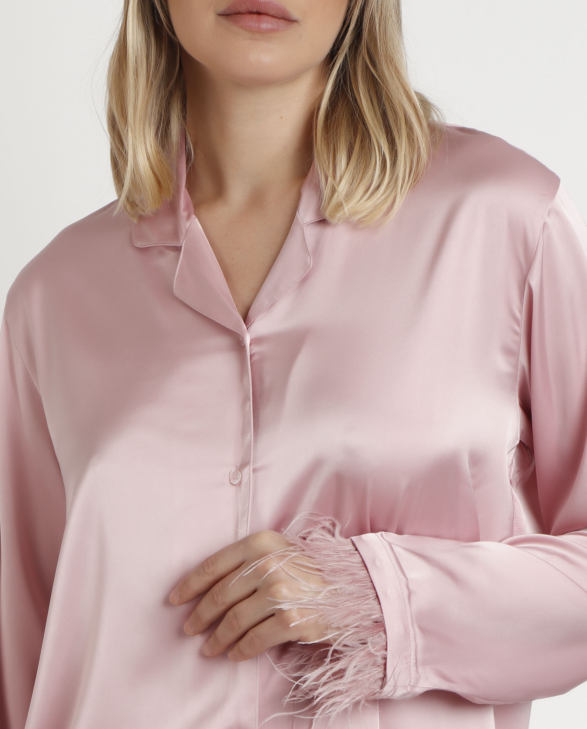 Pijama largo abierto de mujer de tela satén - Admas - Rosa Rosa-4