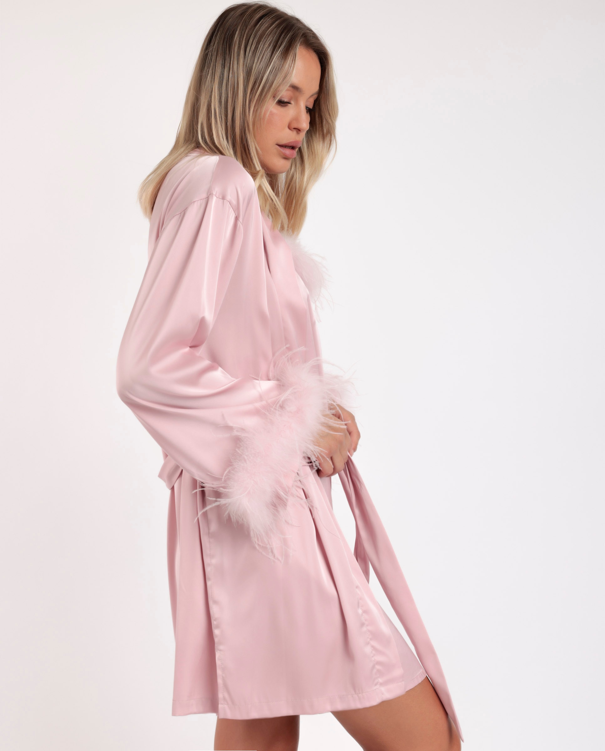 Bata de manga larga de mujer de tela satén con cinturón - Admas - Rosa Rosa-2