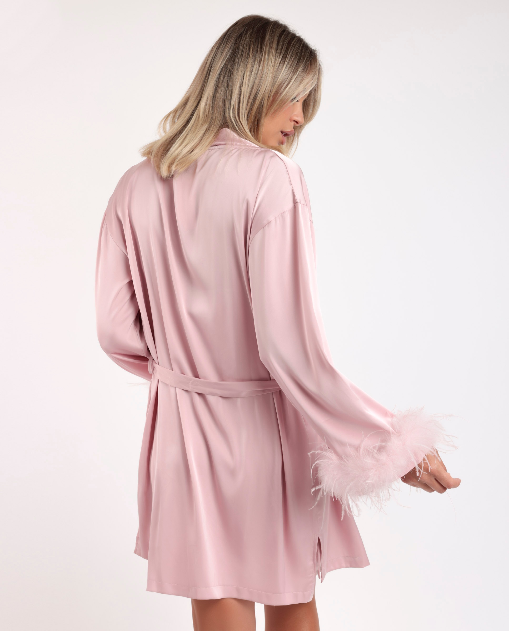 Bata de manga larga de mujer de tela satén con cinturón - Admas - Rosa Rosa-3