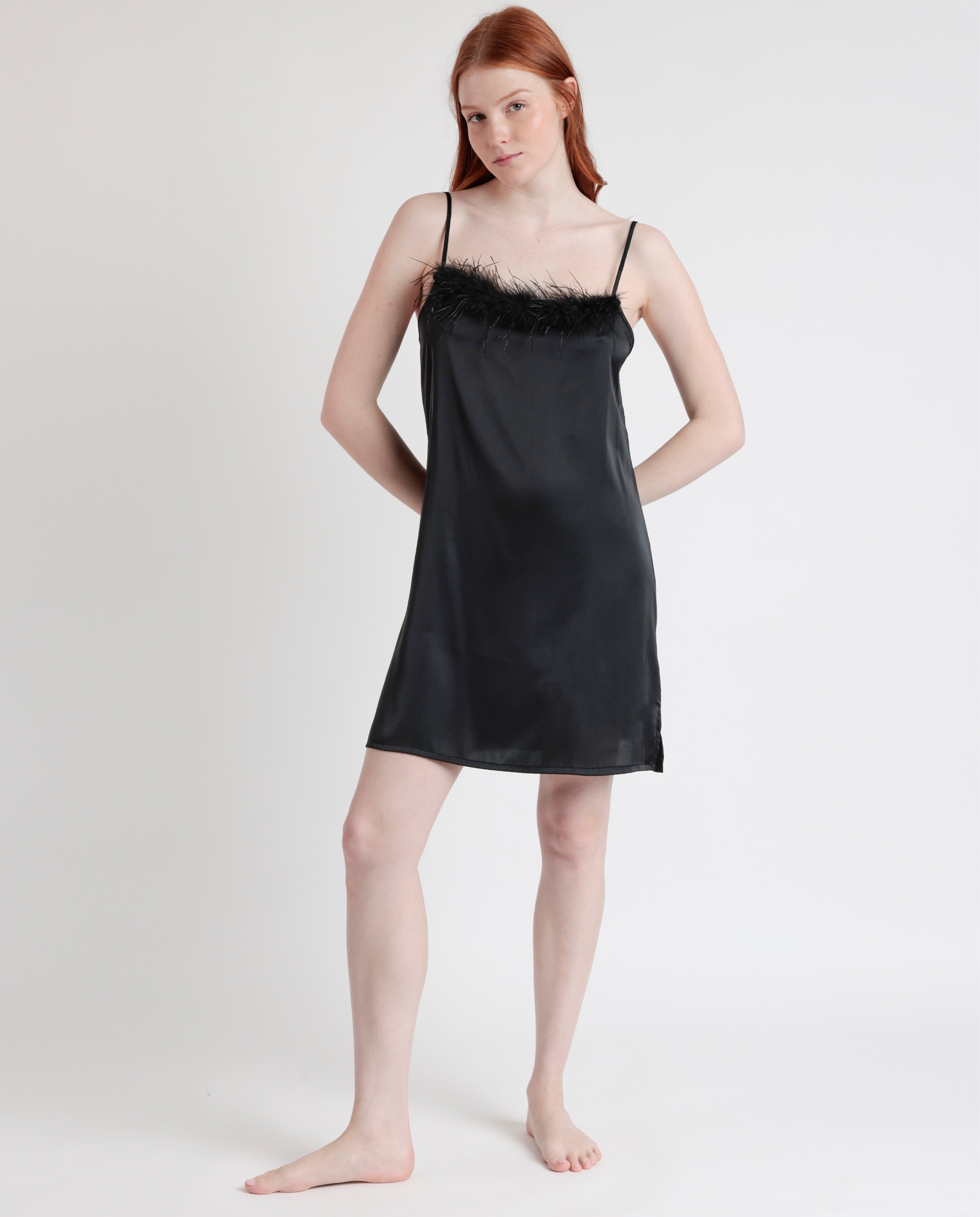 Camisón corto de mujer de tela satén - Admas - Negro Negro-1