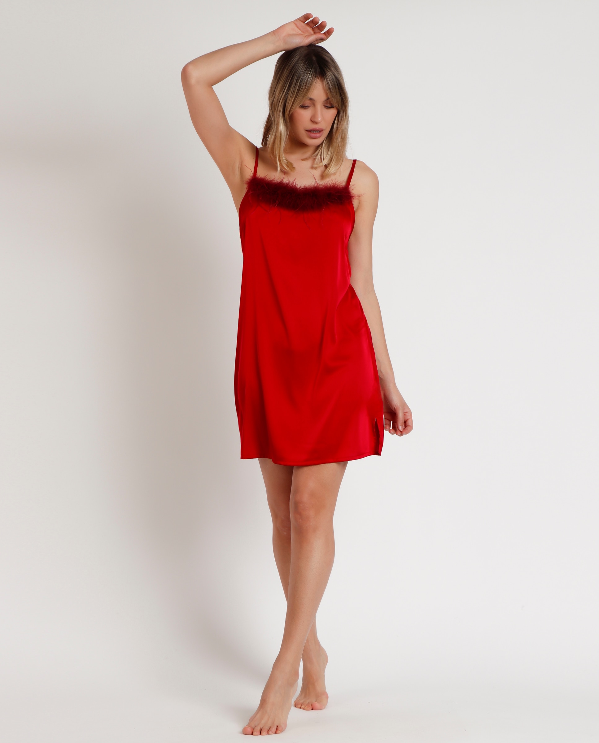 Camisón corto de mujer de tela satén - Admas - Rojo Rojo-1