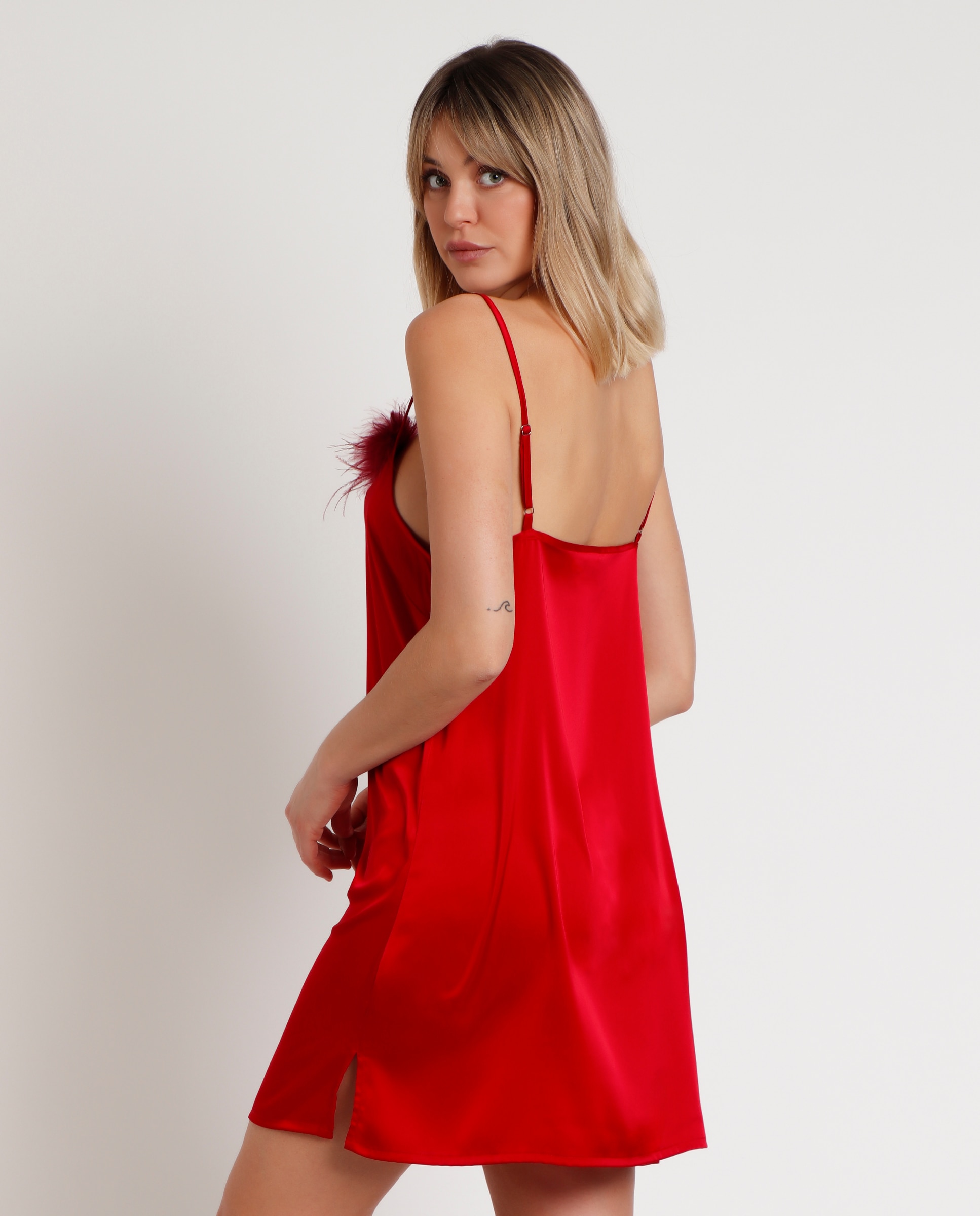 Camisón corto de mujer de tela satén - Admas - Rojo Rojo-3