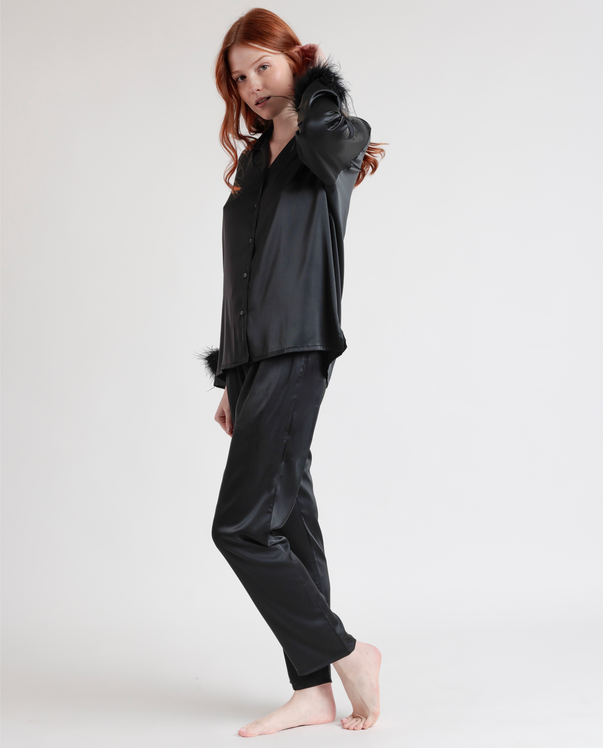 Pijama largo abierto de mujer de tela satén - Admas - Negro Negro-2